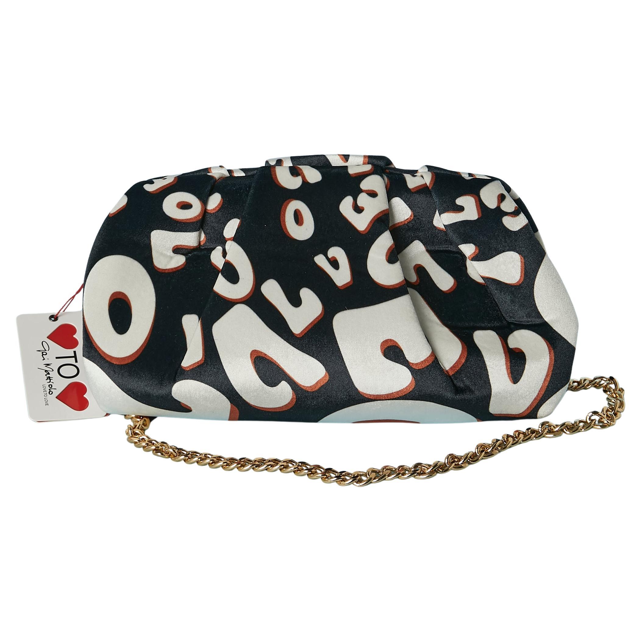 Printed fabric bag with gold metal chain Gai Mattiolo Love to Love new with tag For Sale
