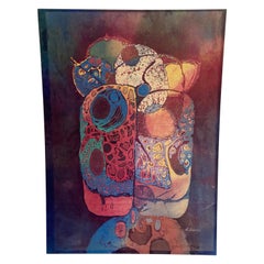 Retro Printed Fabric Wall Decoration, French Work, Signed Circa 1970