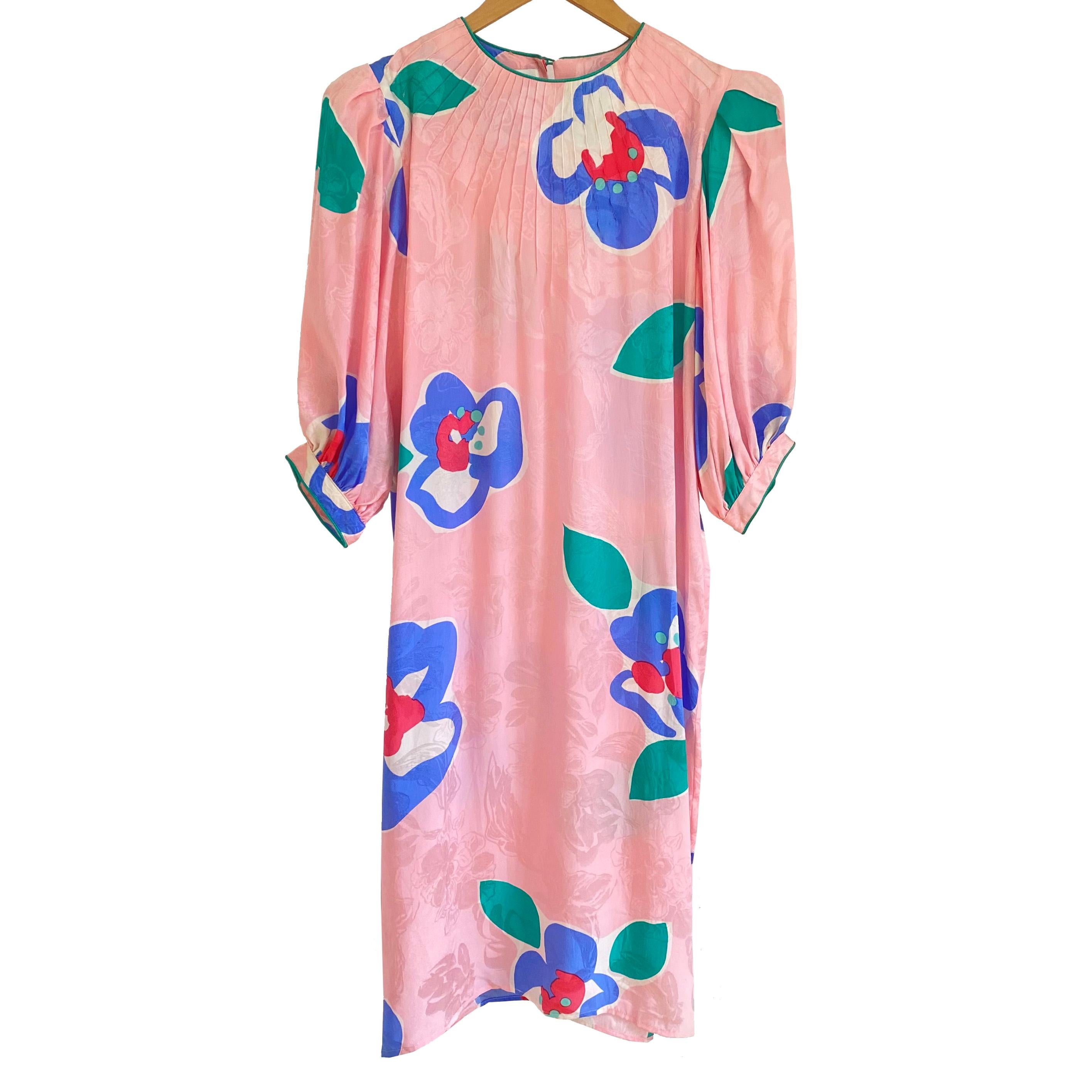Women's Printed Flora Kung Pink Silk Shift with Puff Sleeves