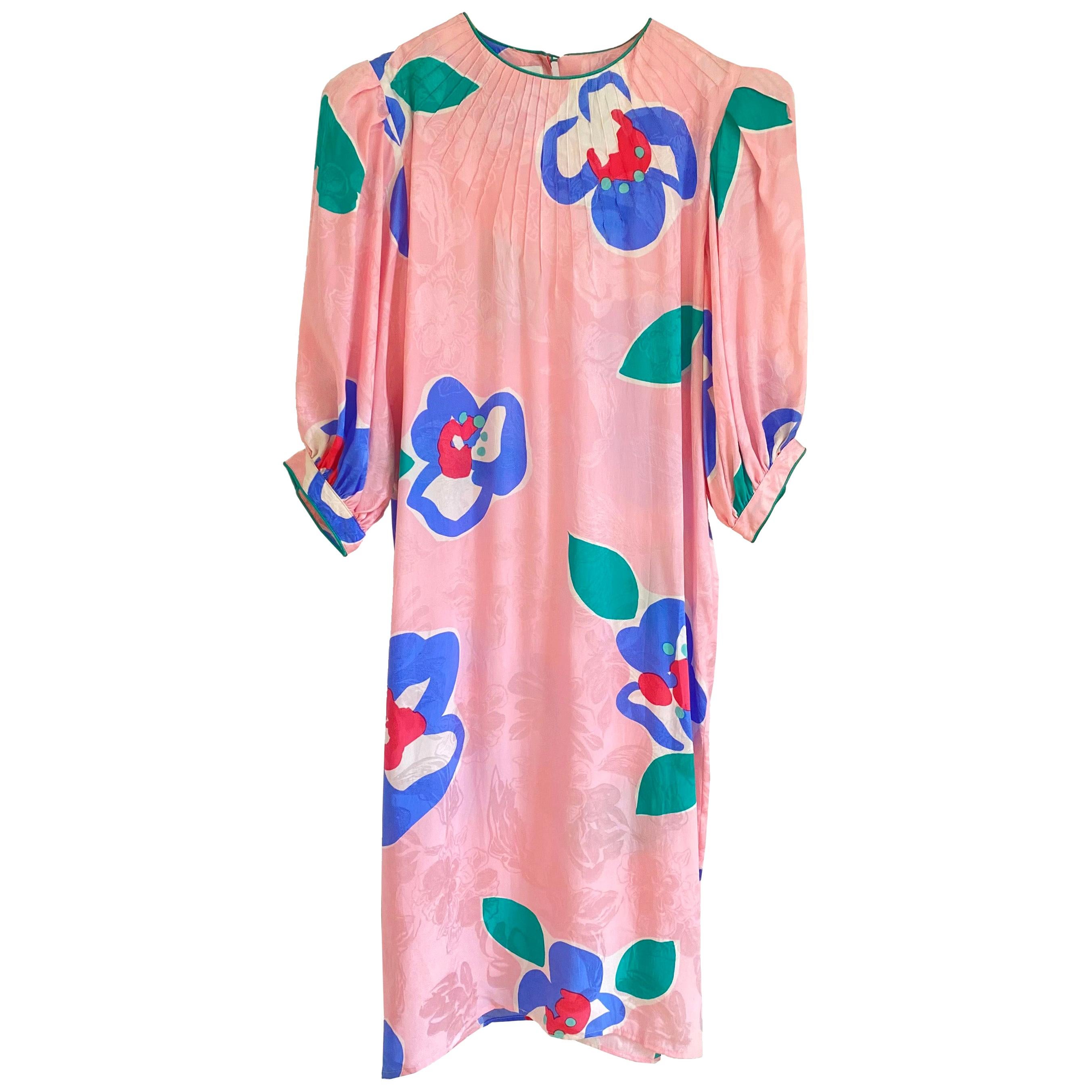 Printed Flora Kung Pink Silk Shift with Puff Sleeves