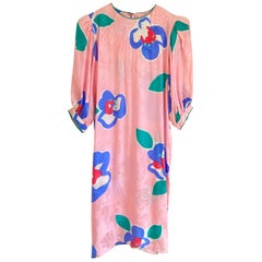 Vintage Printed Flora Kung Pink Silk Shift with Puff Sleeves