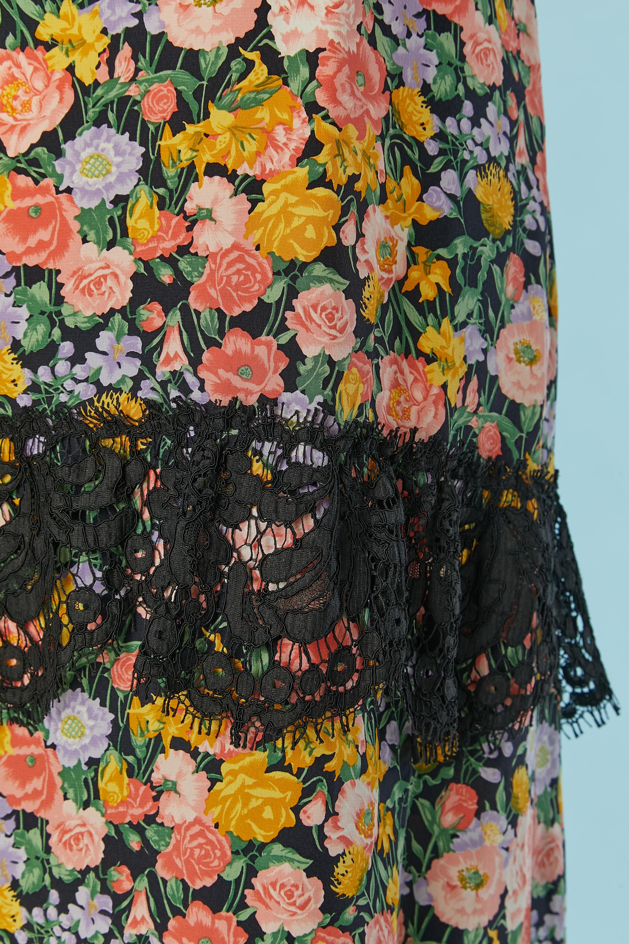 Black Printed flower cocktail dress mix with black lace Yves Saint Laurent Rive Gauche For Sale