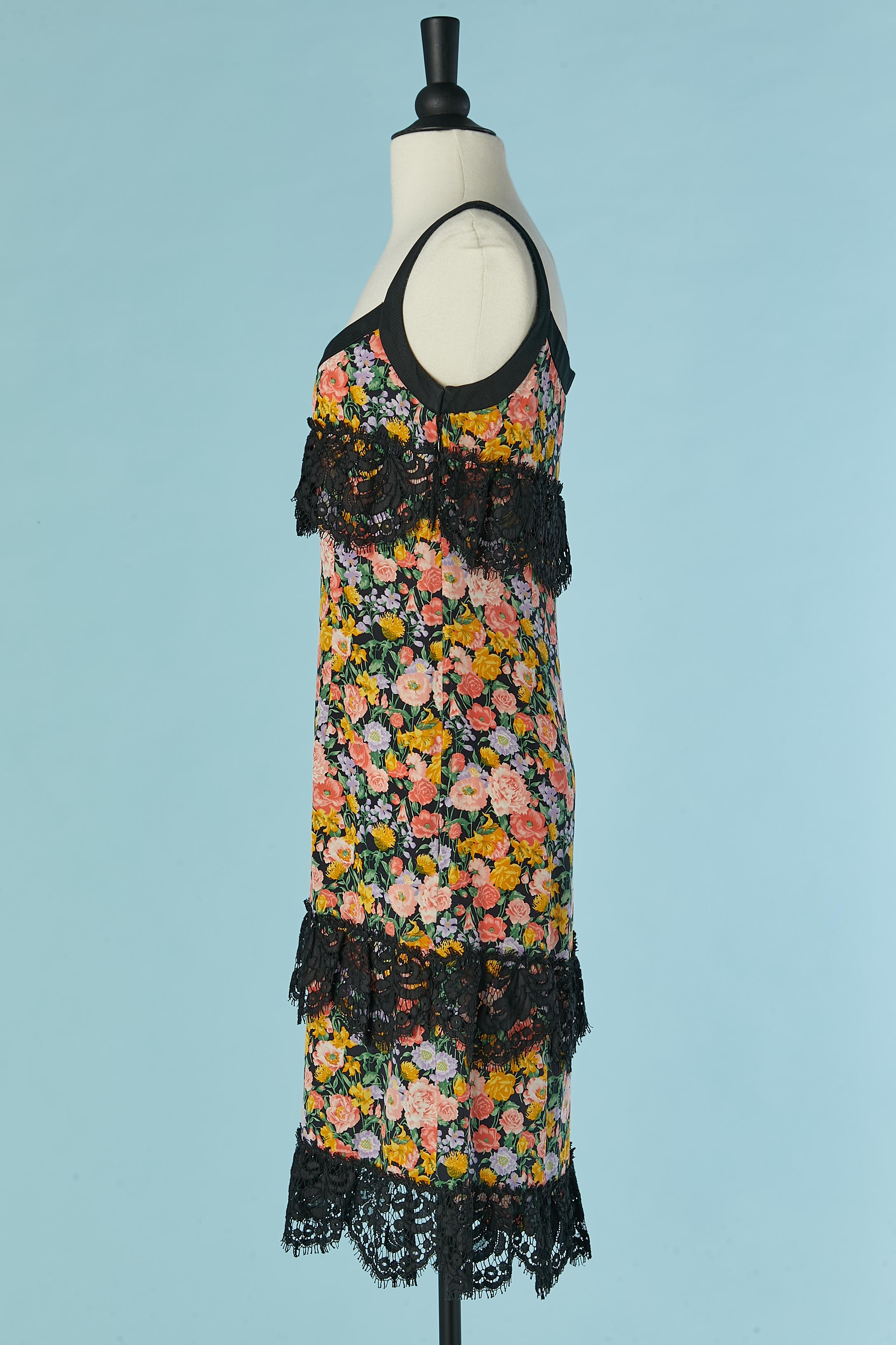 Printed flower cocktail dress mix with black lace Yves Saint Laurent Rive Gauche In Excellent Condition For Sale In Saint-Ouen-Sur-Seine, FR