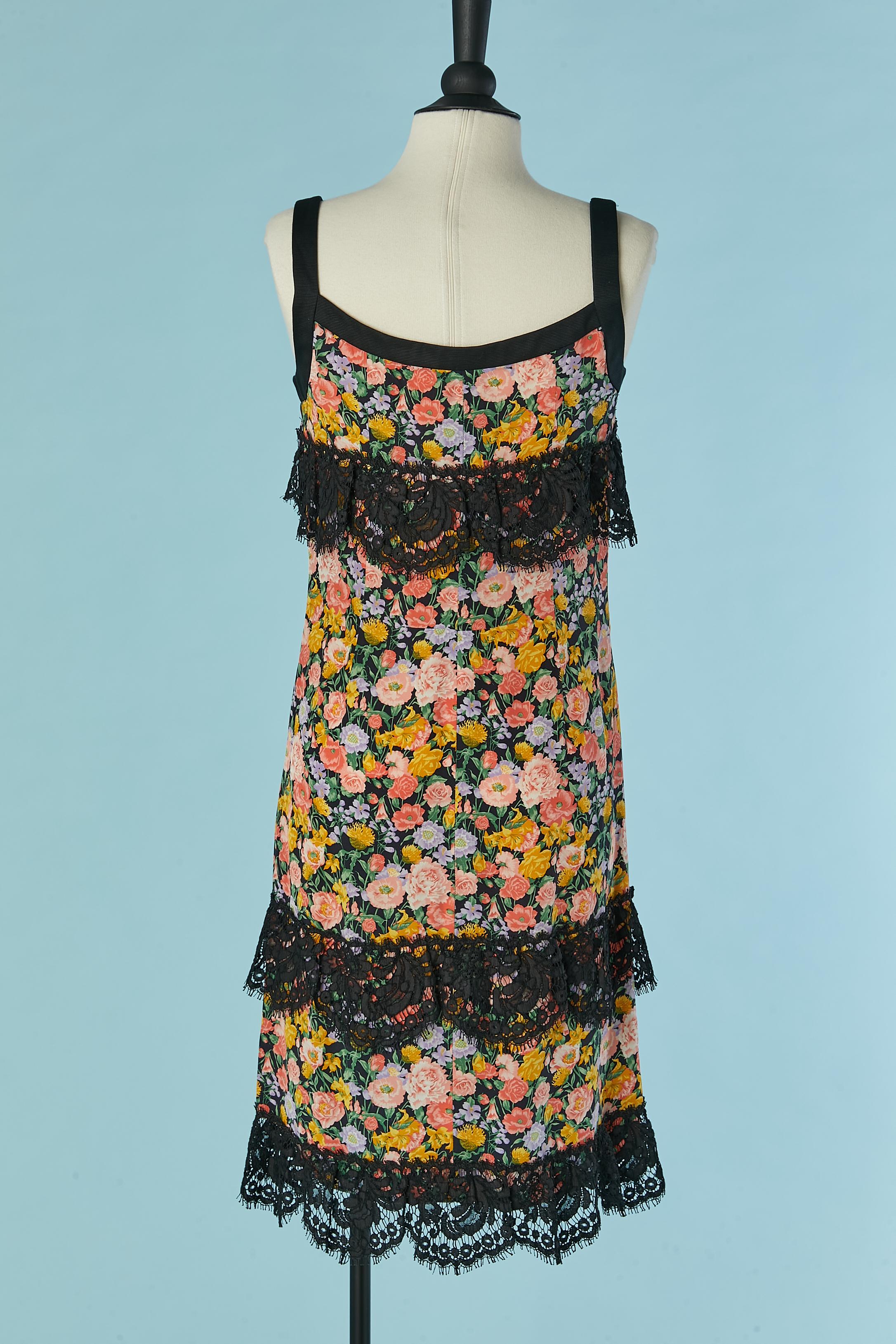 Women's Printed flower cocktail dress mix with black lace Yves Saint Laurent Rive Gauche For Sale