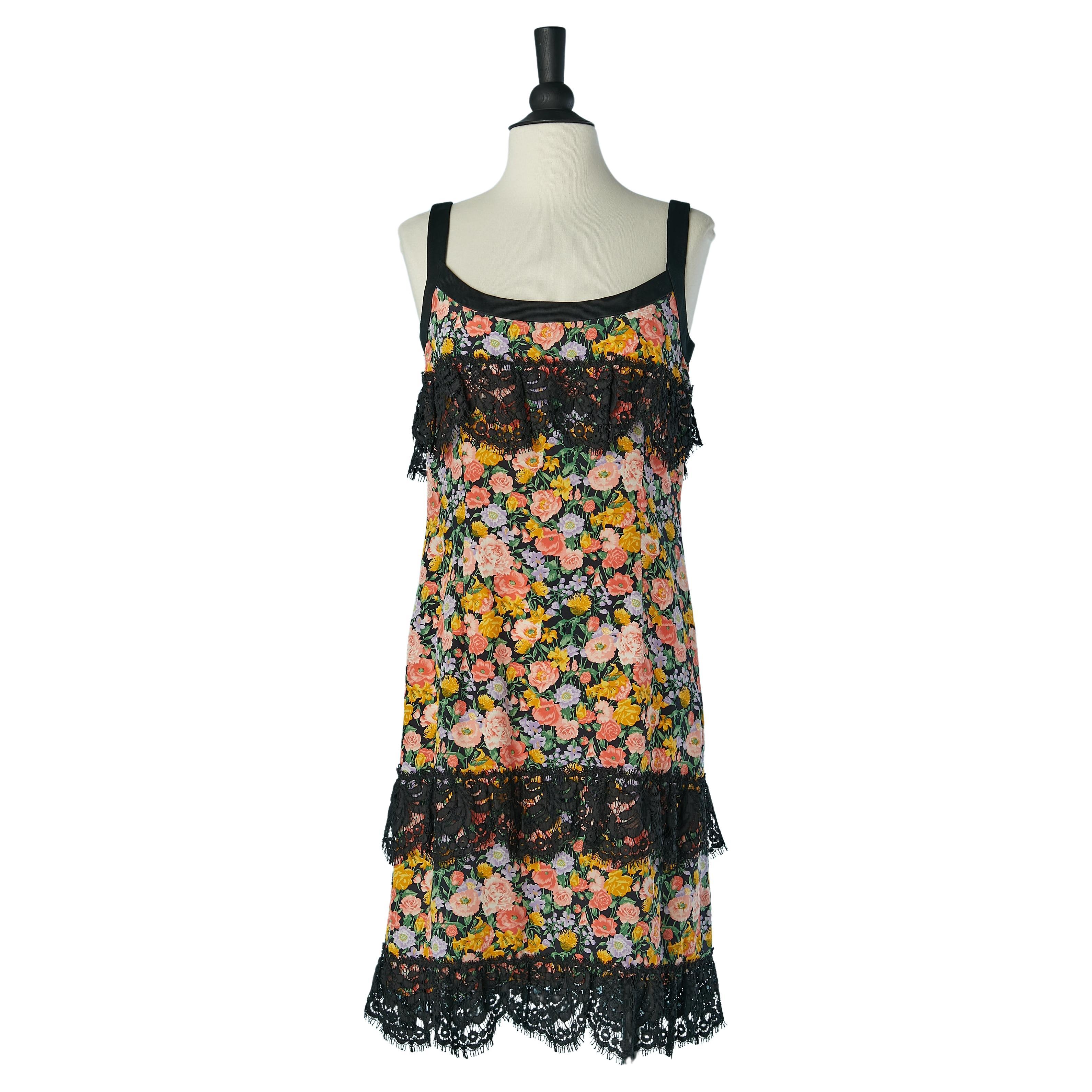 Printed flower cocktail dress mix with black lace Yves Saint Laurent Rive Gauche For Sale