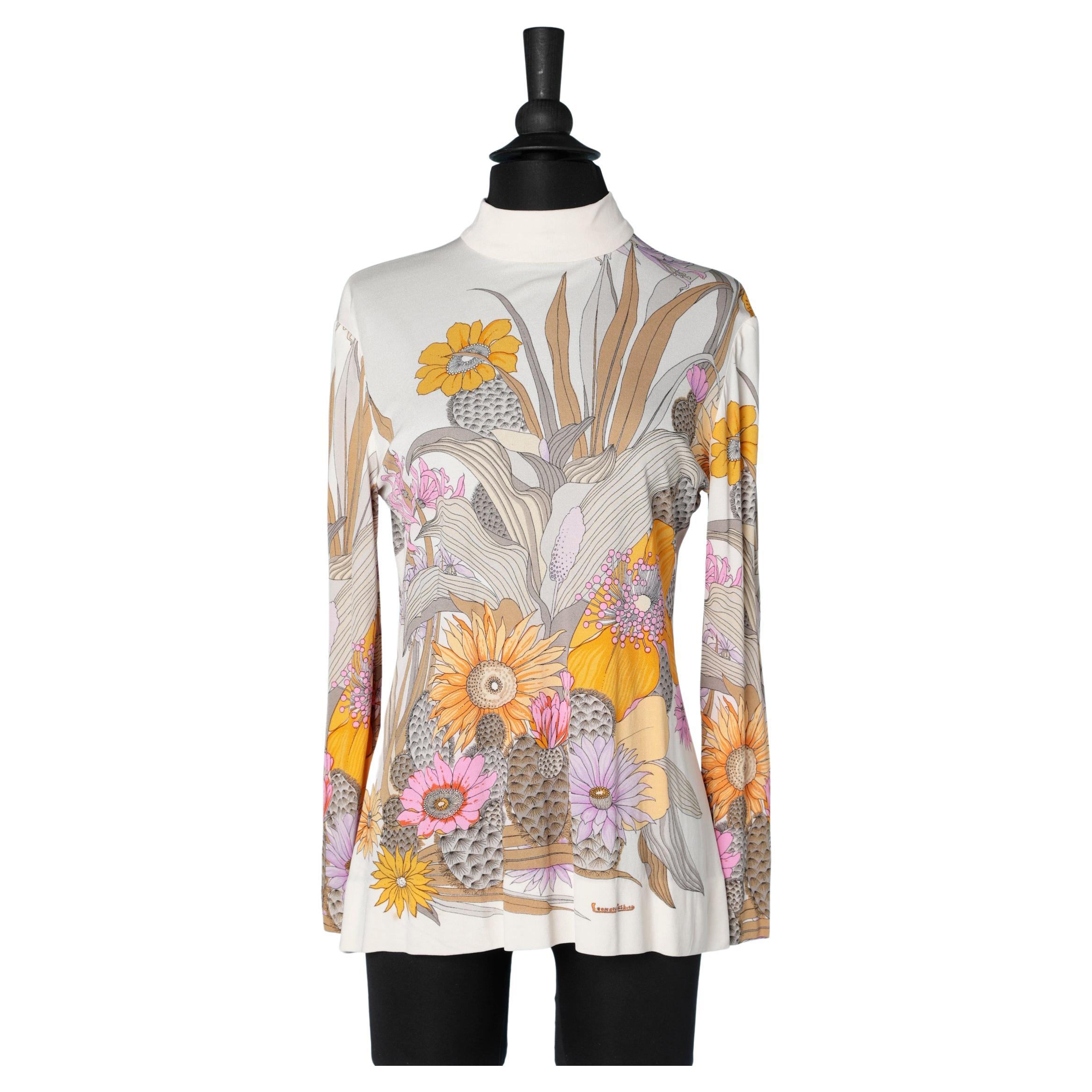 Printed flowers silk jersey top Leonard Fashion  For Sale