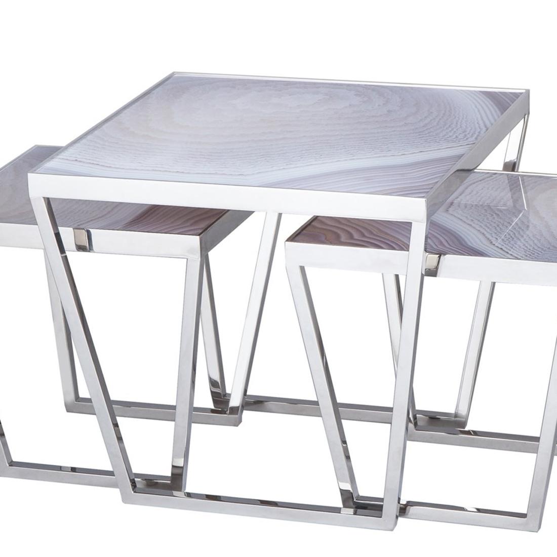 Contemporary Printed Glass Set of 3 Coffee Tables
