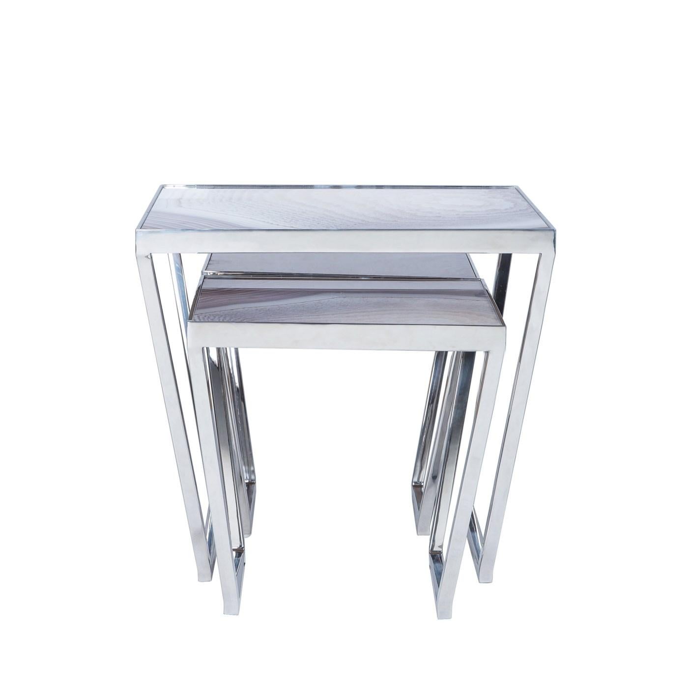 Stainless Steel Printed Glass Set of 3 Coffee Tables