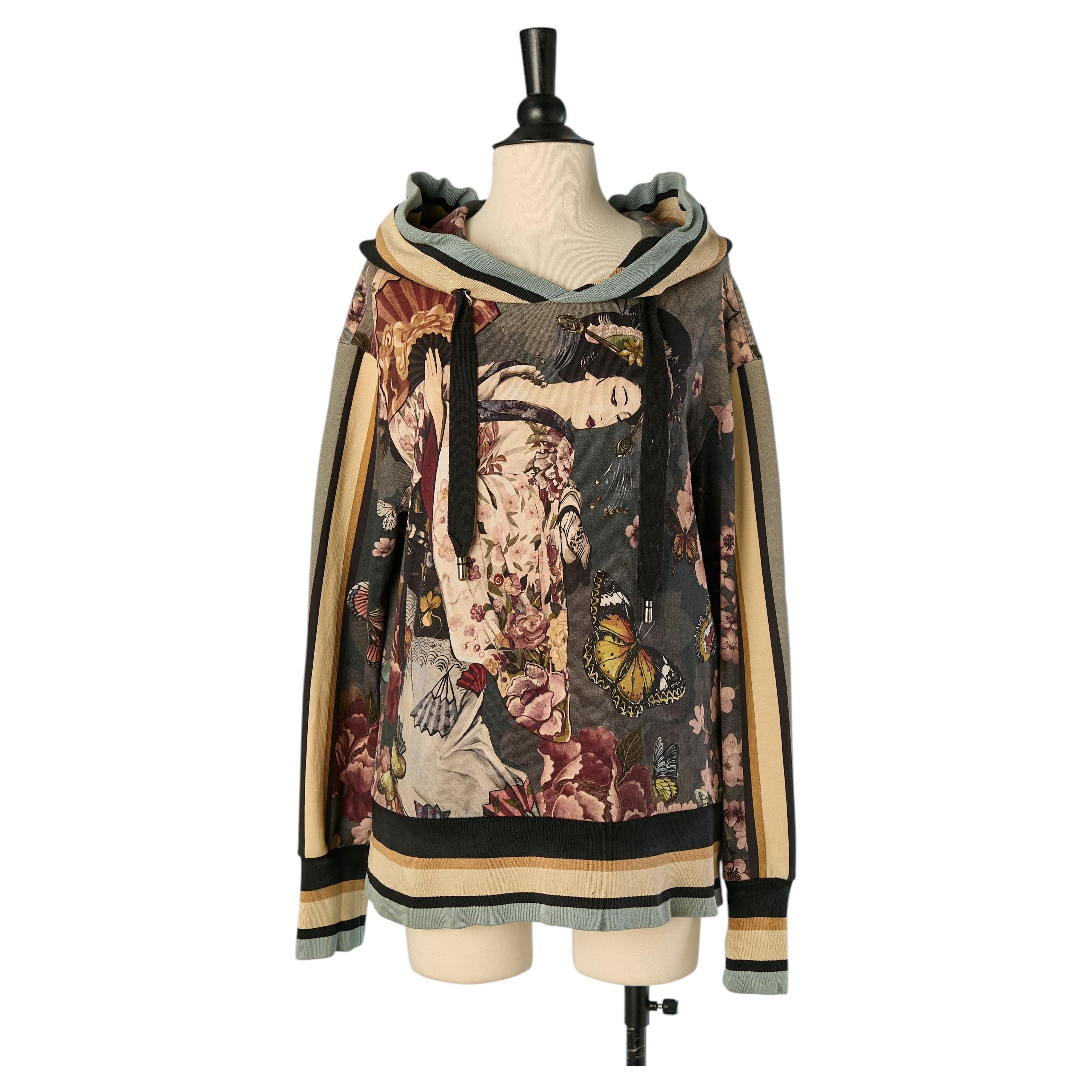 Sweat à capuche imprimé avec bordures côtelées rayées DOLCE & GABANNA