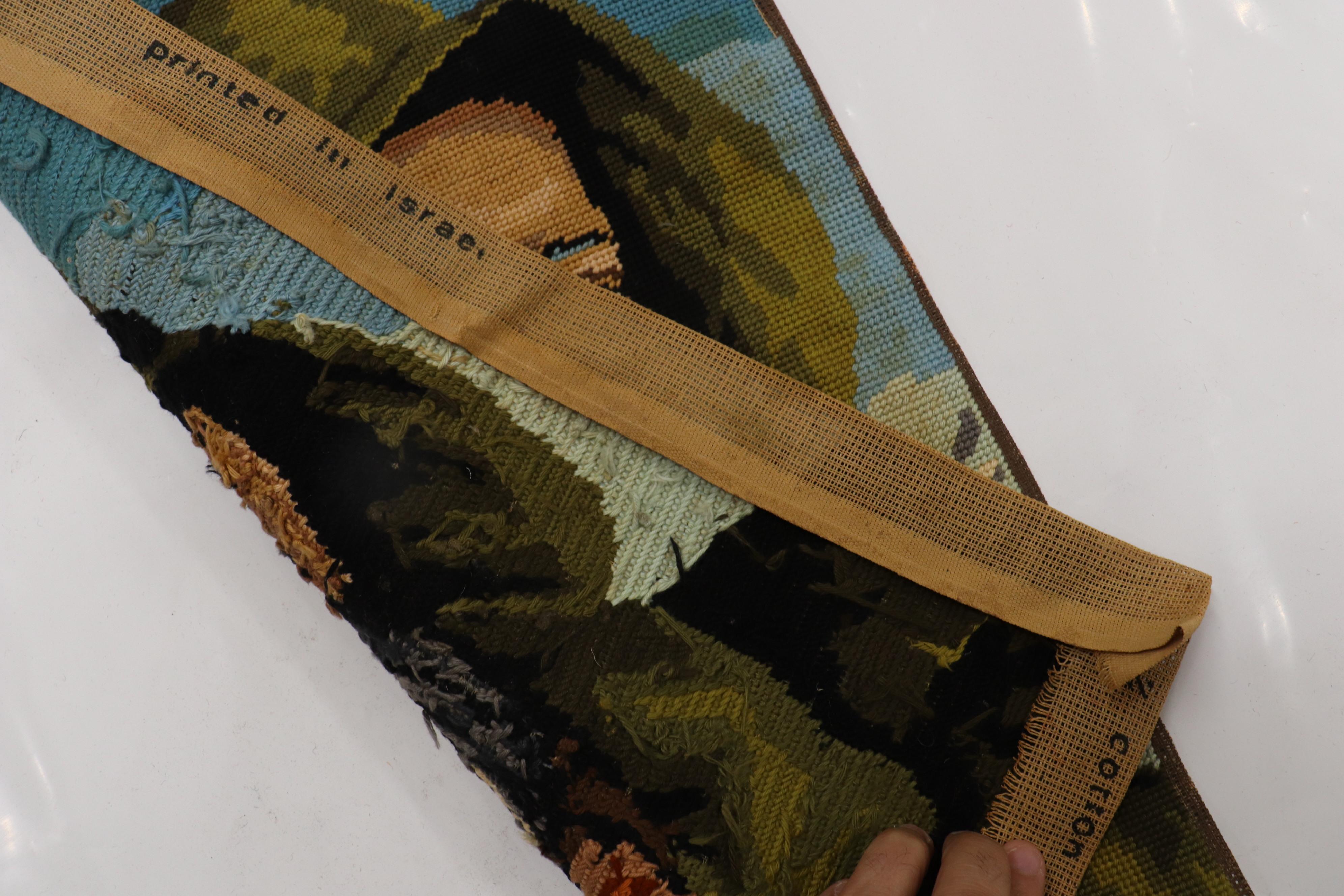 Contemporary Printed Israeli Needlepoint with Man Smoking Cigar For Sale