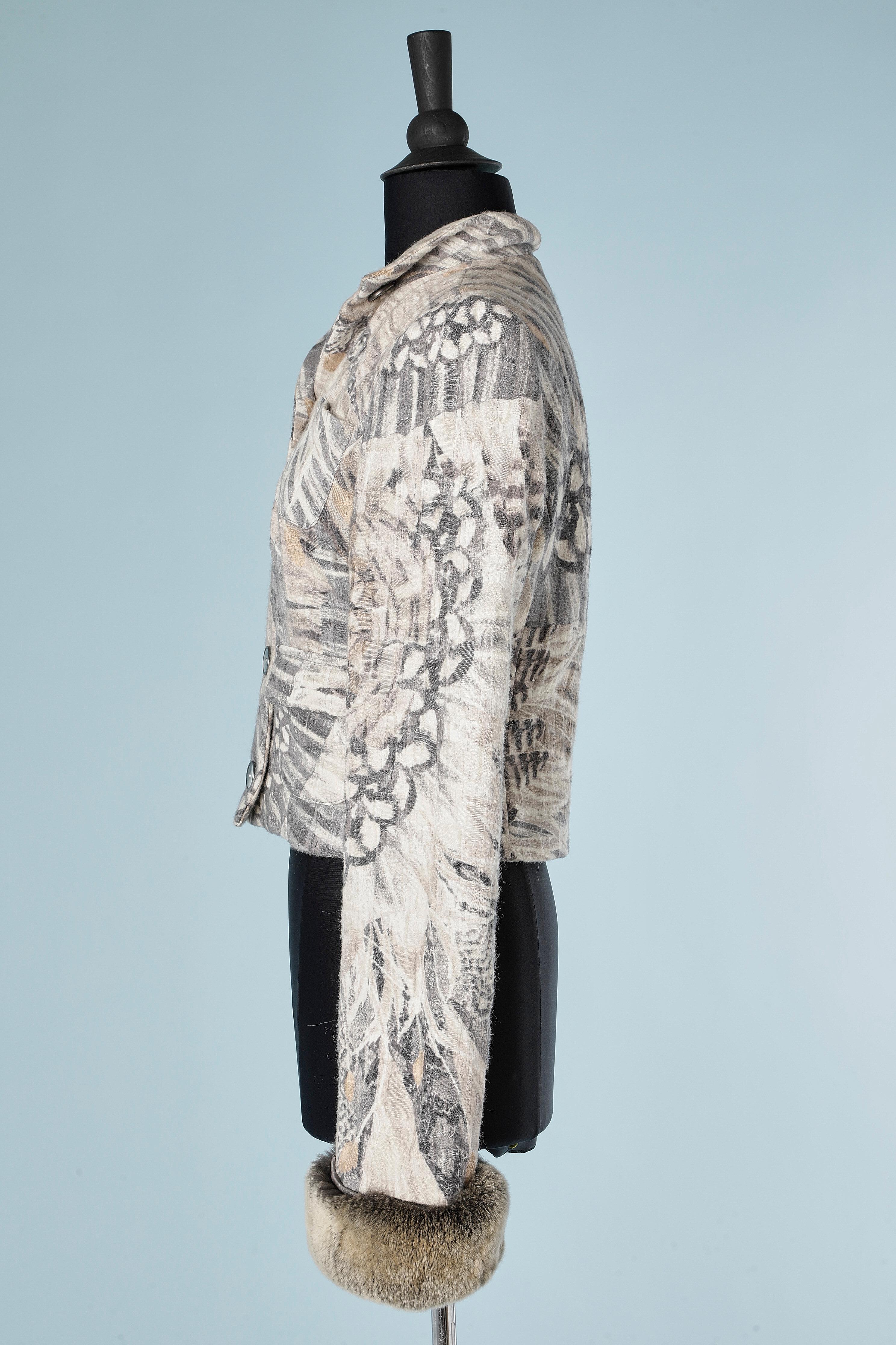 Gray Printed jacket in wool and cotton with furs's cuffs Roberto Cavalli Class  For Sale