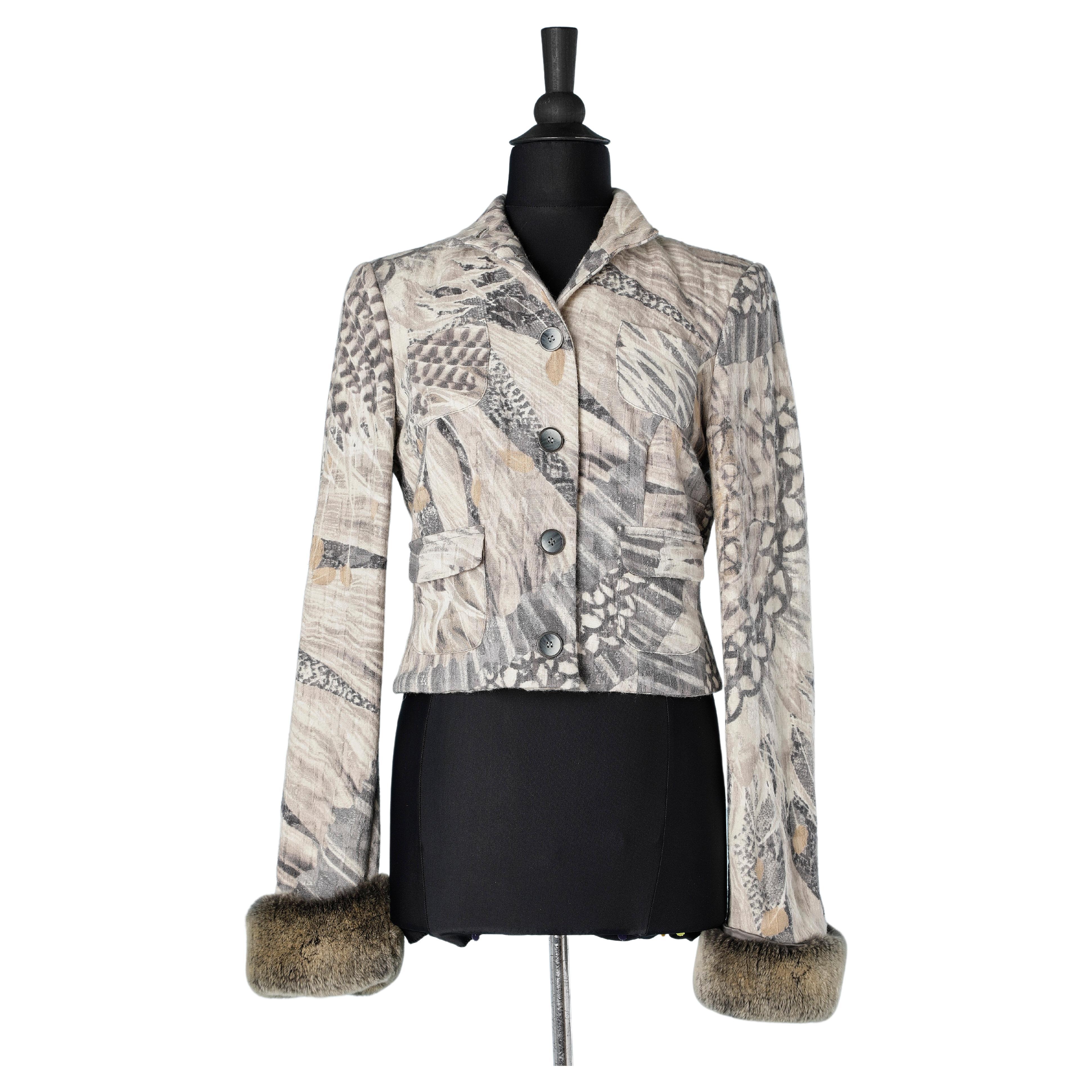 Printed jacket in wool and cotton with furs's cuffs Roberto Cavalli Class  For Sale