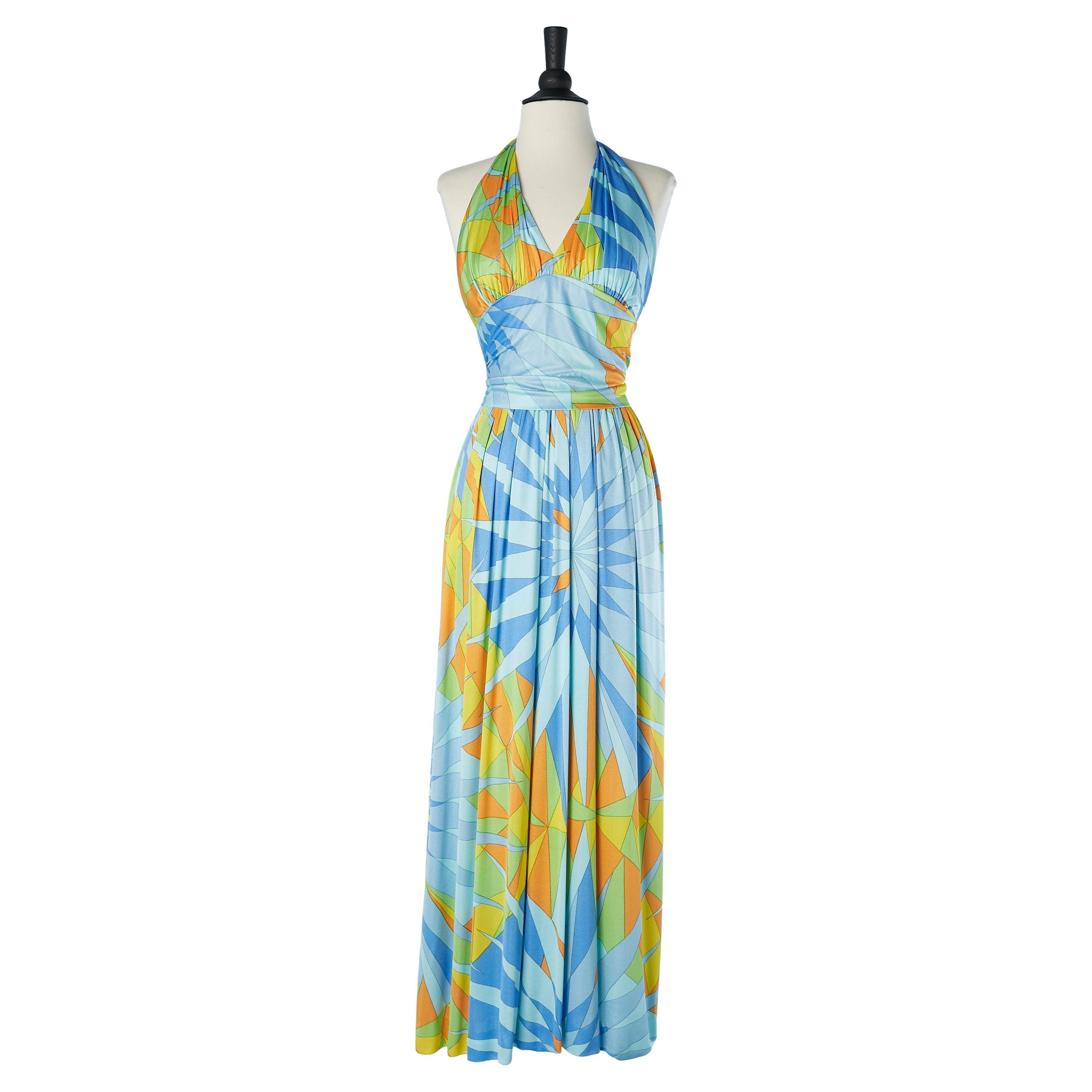 Bedrucktes rückenfreies Jersey-Kleid DENISE BONAM CIRCA 1970er Jahre im Angebot