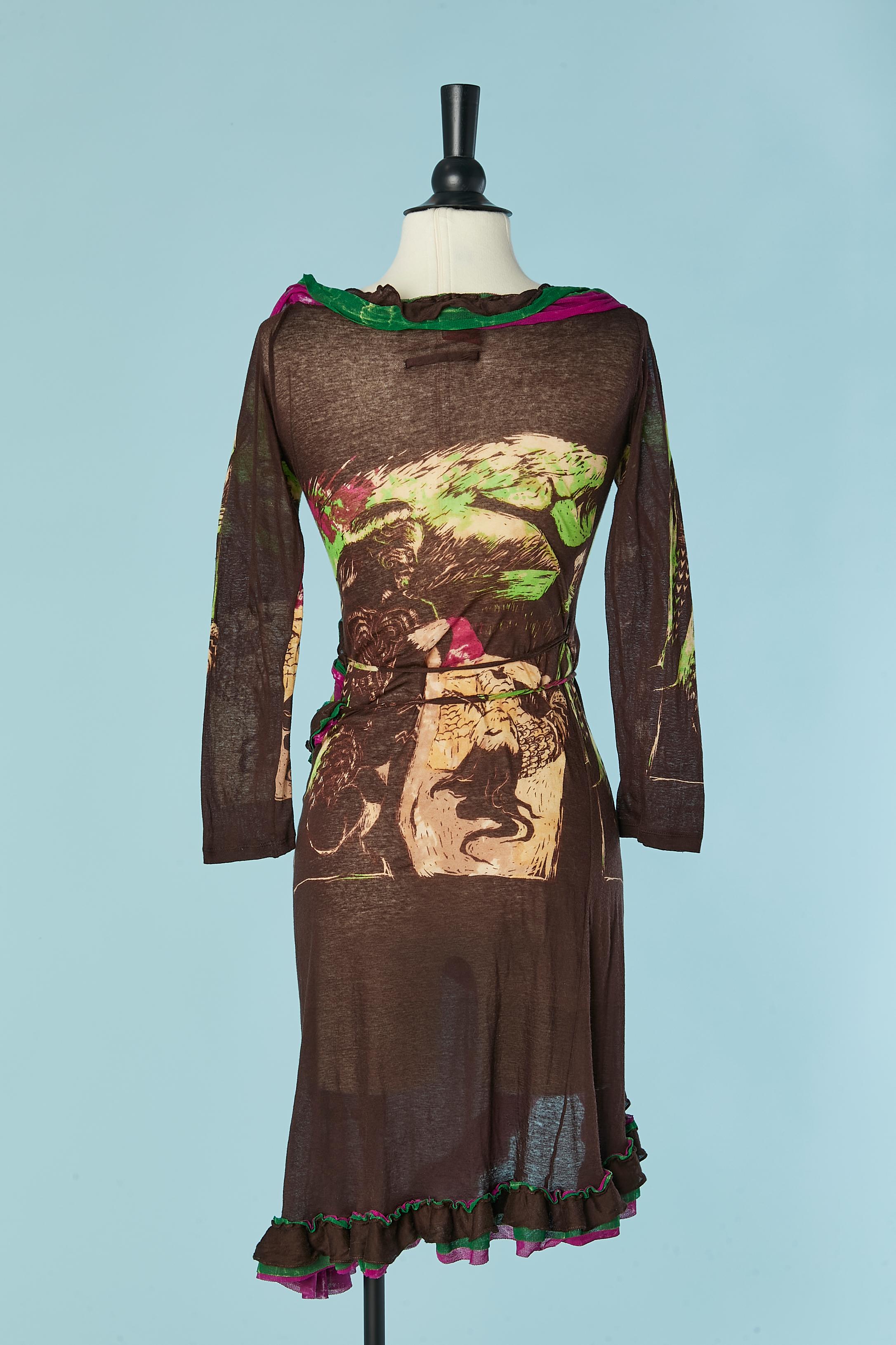 Printed jersey wrapped dress with ruffle edge Jean-Paul Gaultier Classique For Sale 1