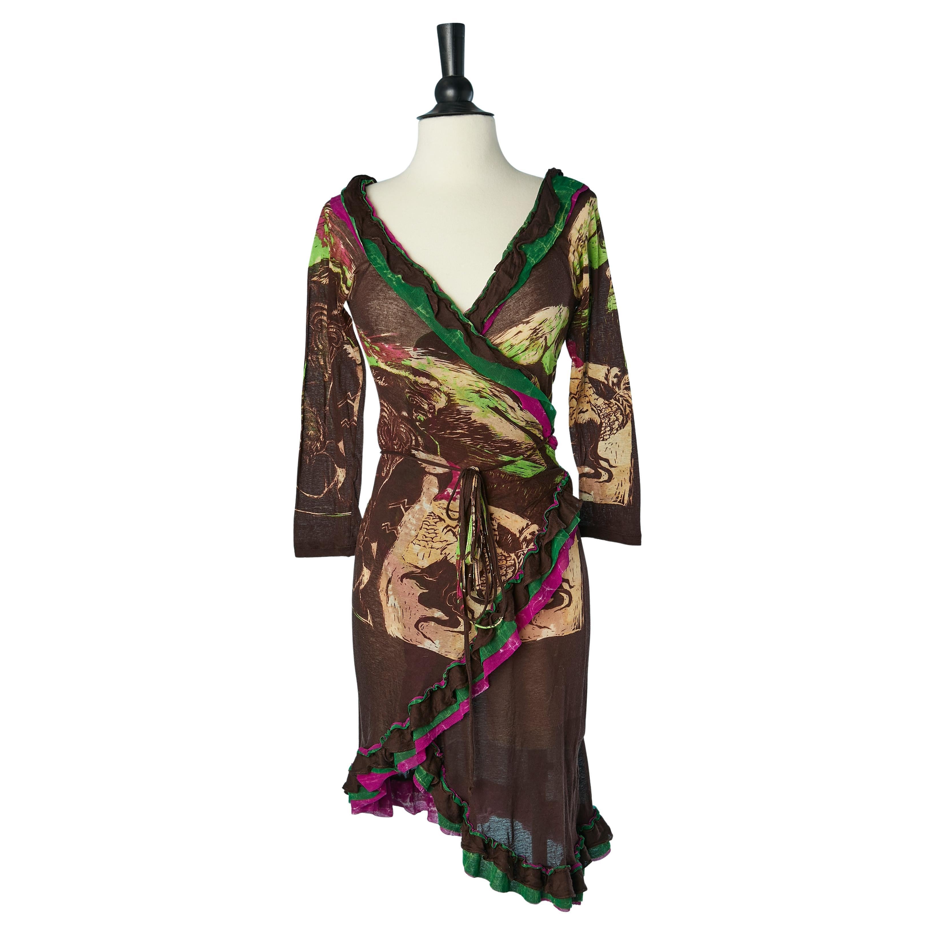 Printed jersey wrapped dress with ruffle edge Jean-Paul Gaultier Classique For Sale