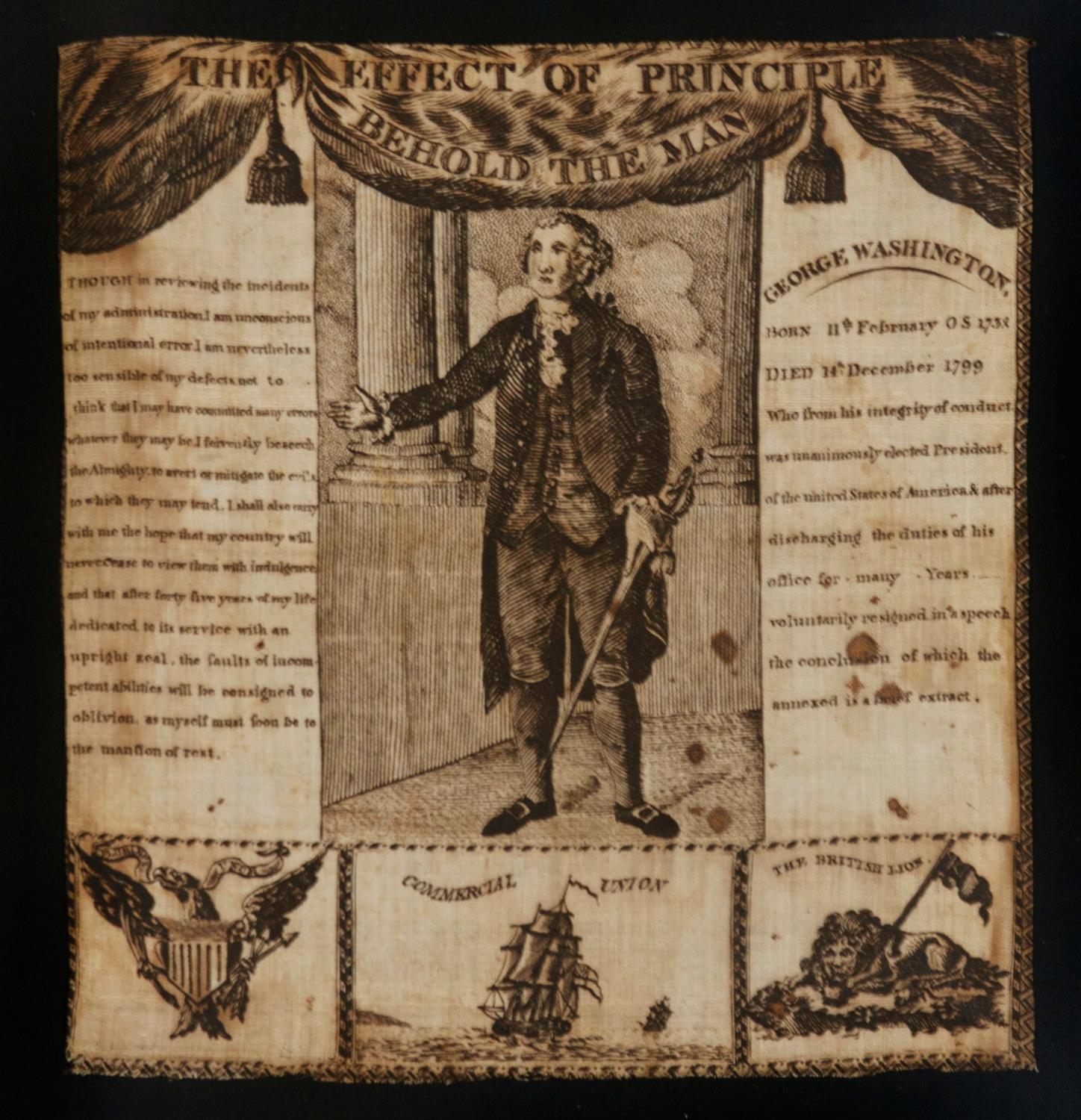 Extraordinarily early (1806) printed linen kerchief glorifying George Washington, Germantown print works, Germantown, Pennsylvania

Printed in sepia ink on coarse, white linen, this patriotic kerchief shows a standing portrait of George