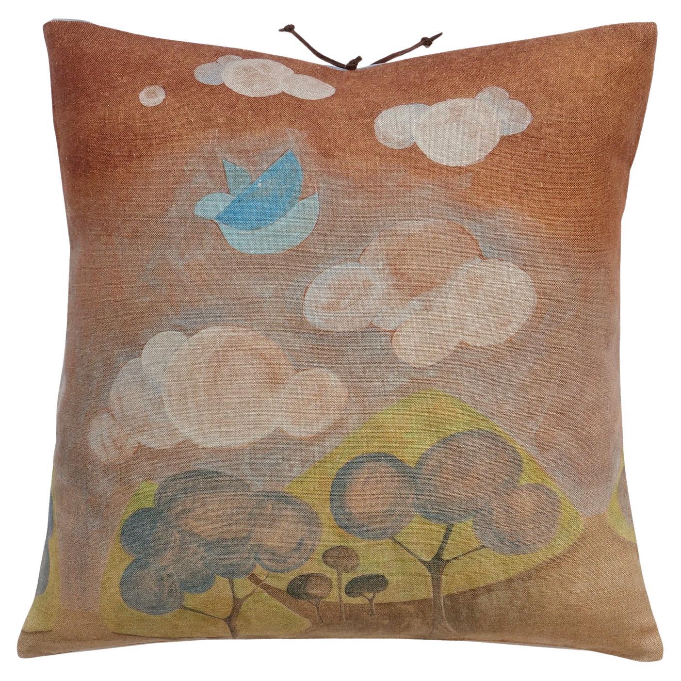 Printed Linen Pillow Happy Place Flax For Sale