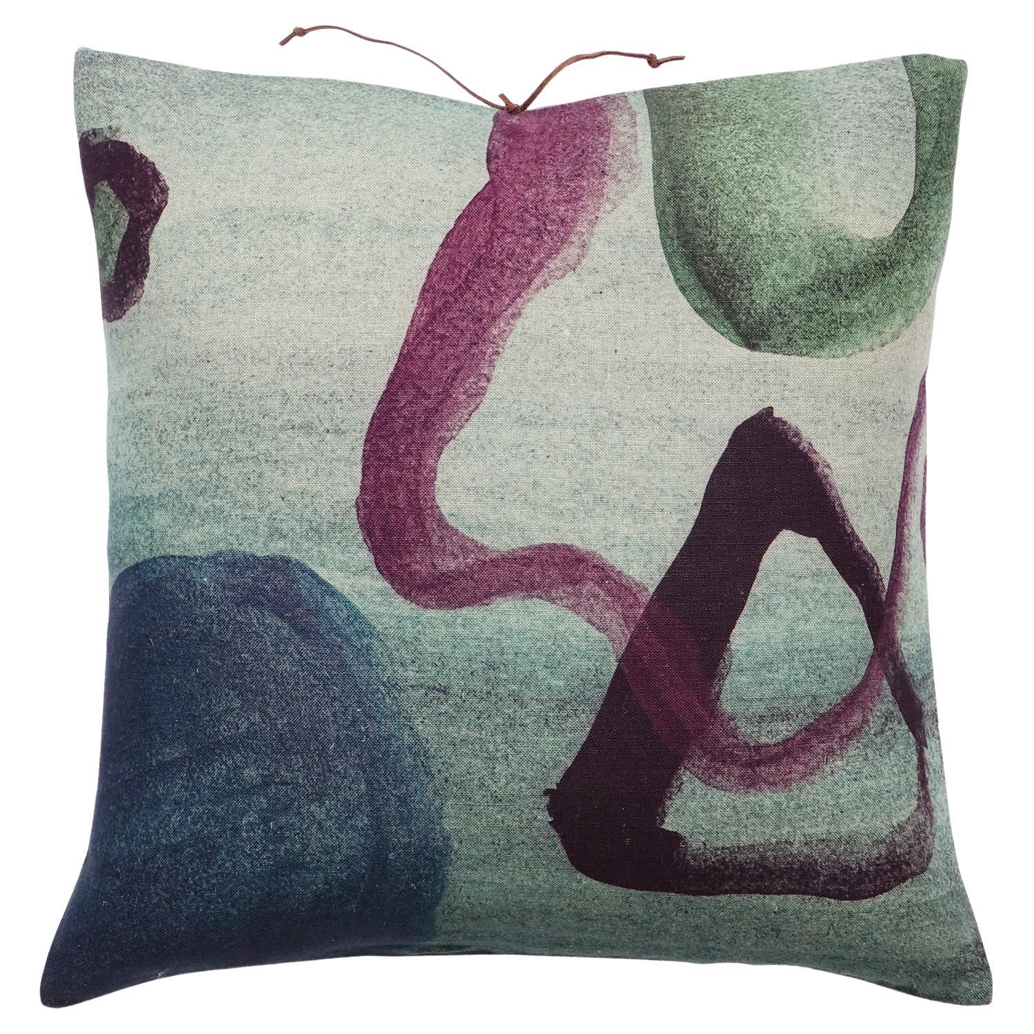Printed Linen Pillow Ribbon Sapphire For Sale