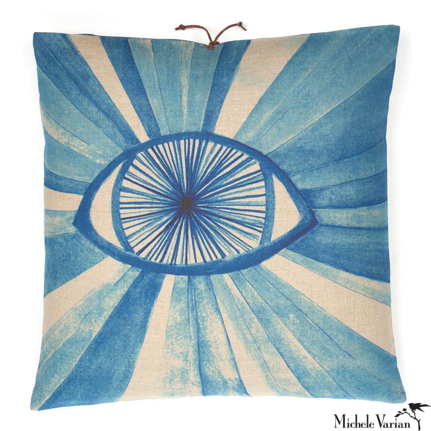 Moderne Coussin en lin imprimé Eyeburst Indigo en vente