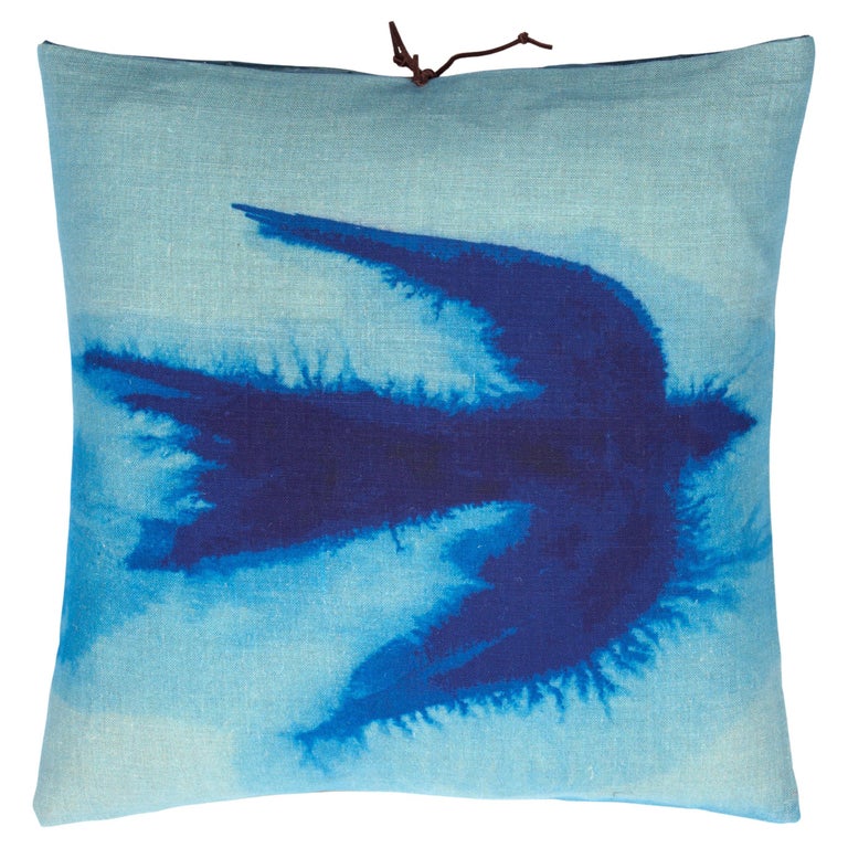 Printed Linen Throw Pillow Flight Blue For Sale at 1stDibs