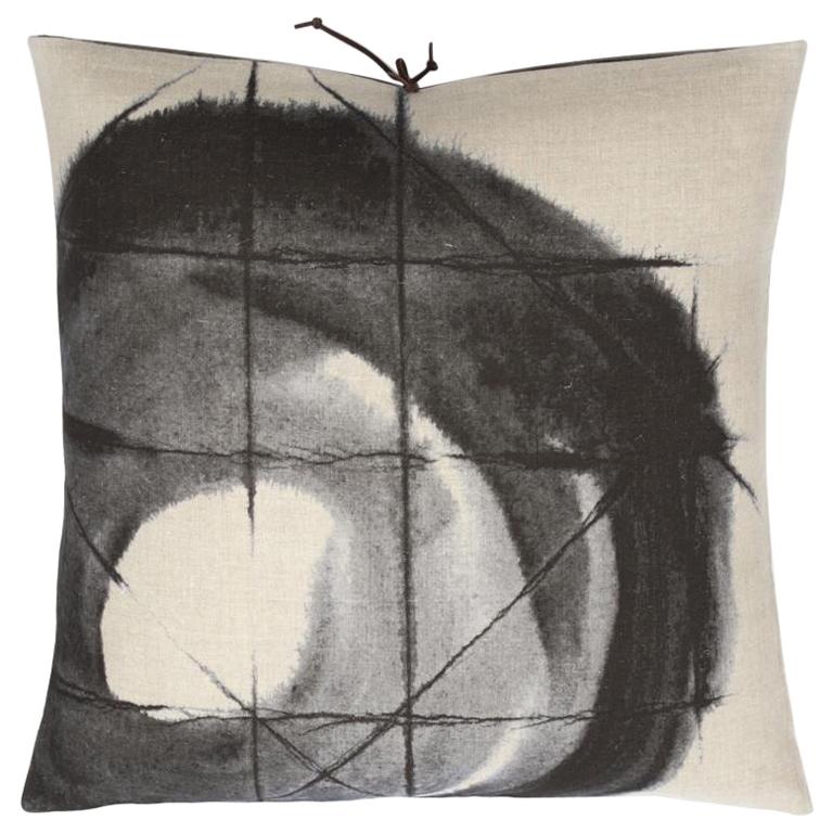 Printed Linen Throw Pillow Orbit Black For Sale