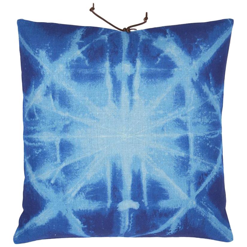 Printed Linen Throw Pillow Starburst Blue For Sale