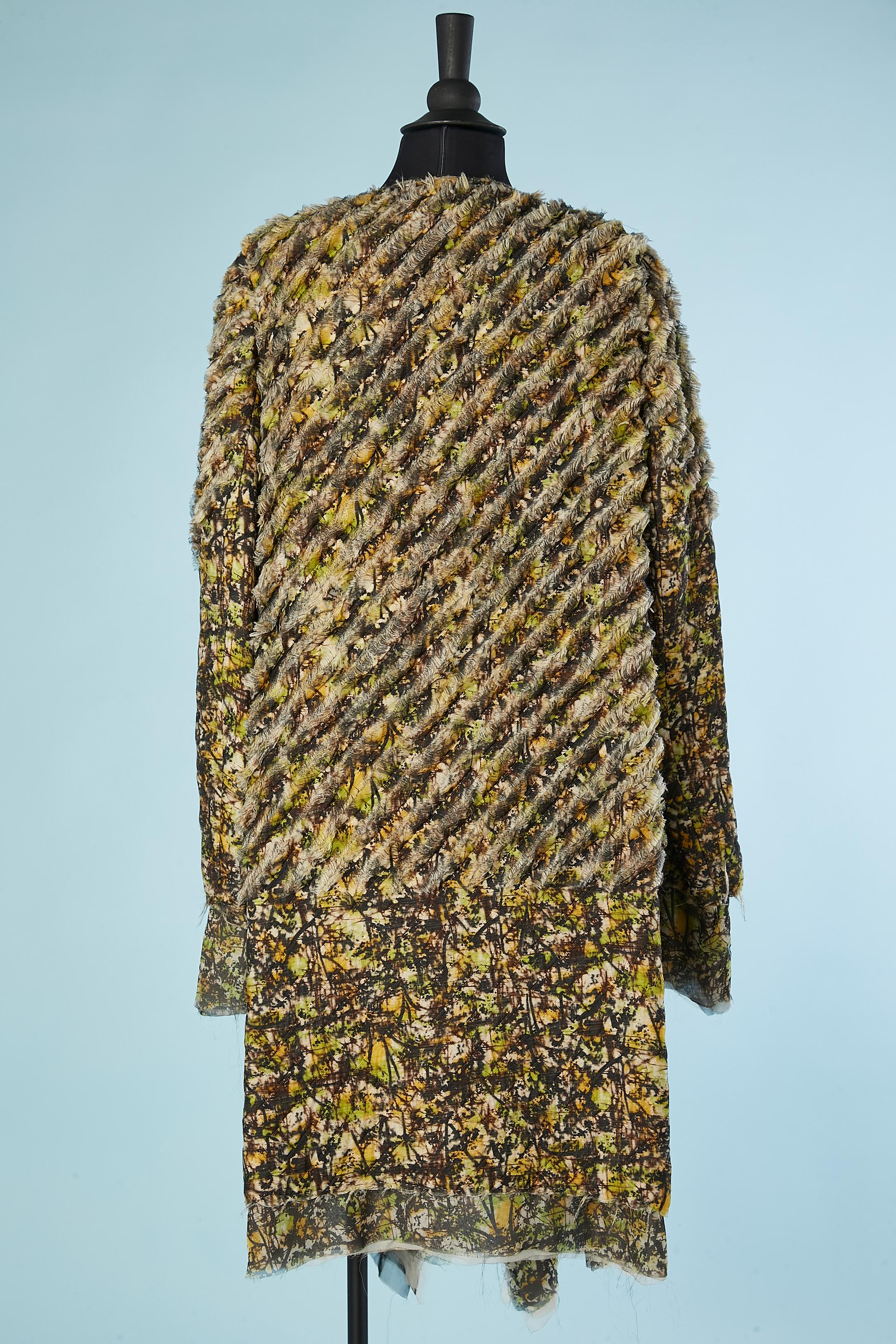 Printed multi-lays of chiffon & wool fringes coat and silk skirt Bottega Veneta  For Sale 2