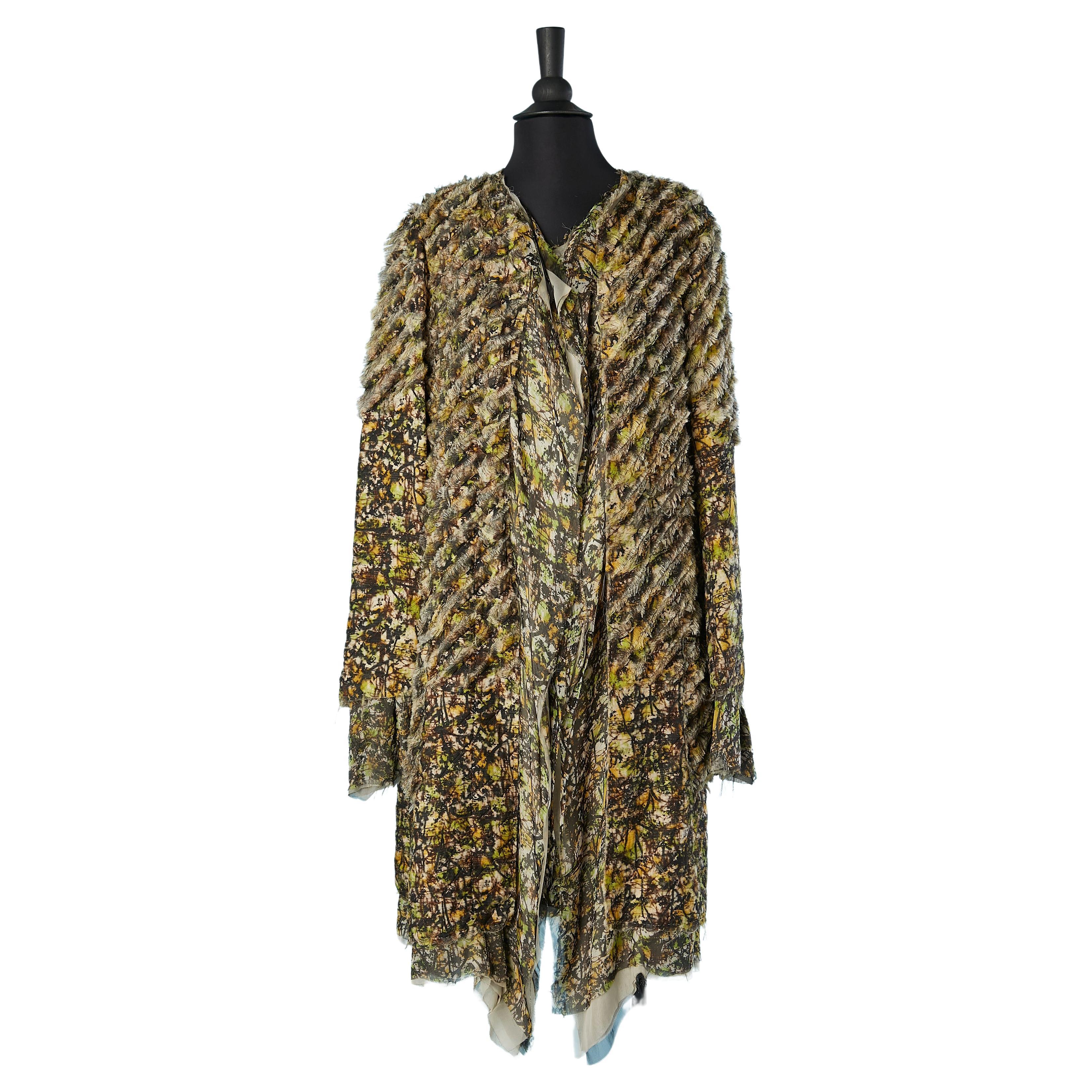 Printed multi-lays of chiffon & wool fringes coat and silk skirt Bottega Veneta  For Sale