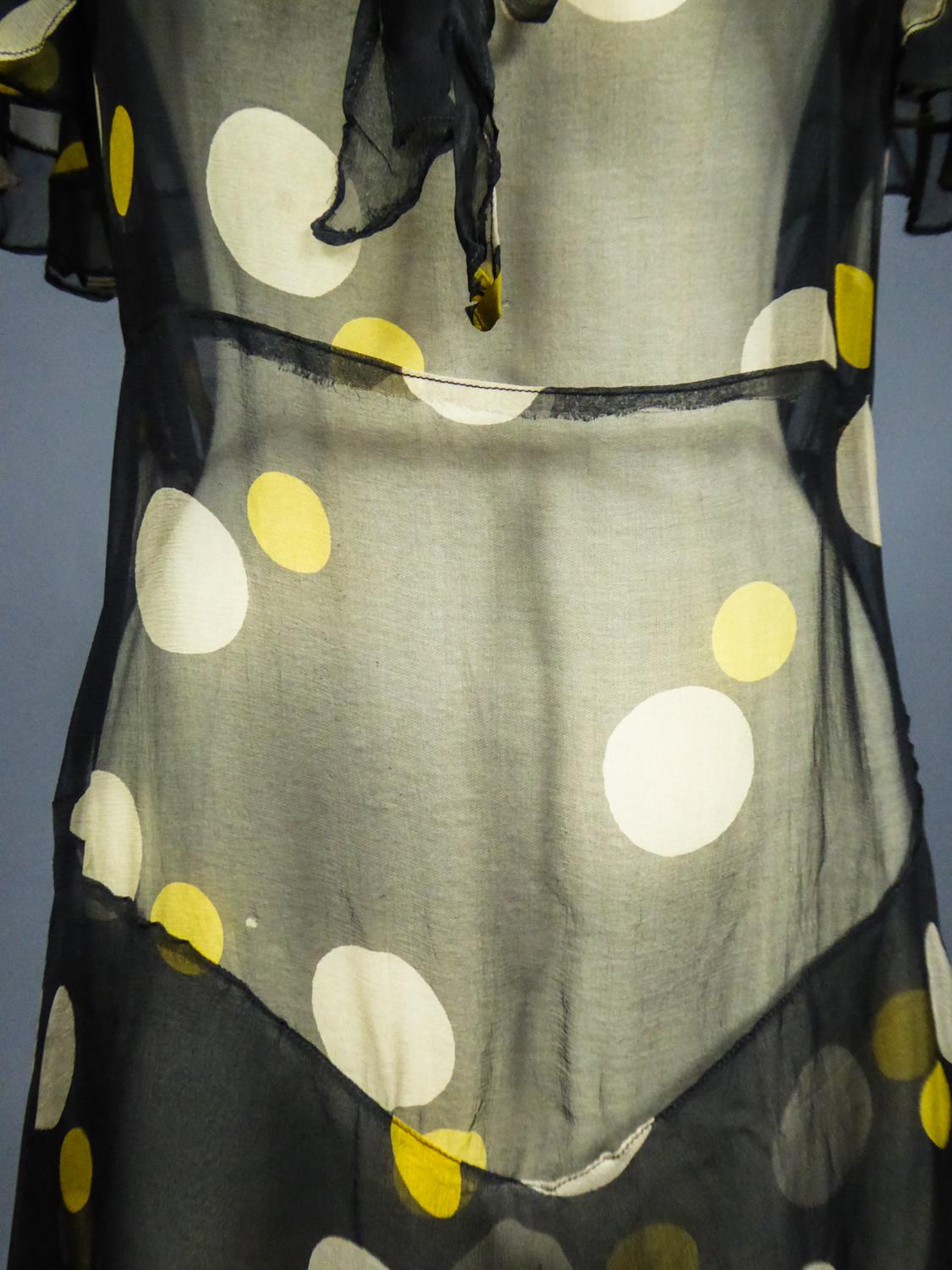 Black Printed Muslin Chiffon Dress -France Circa 1930 For Sale