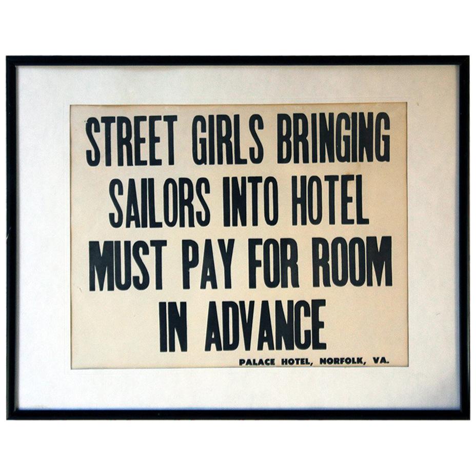 Printed Notice for the Palace Hotel, Virginia USA, Street Girls and Sailors