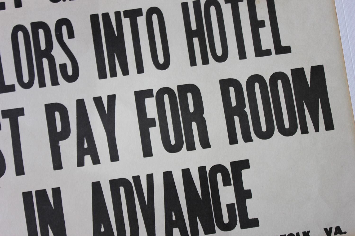 American Printed Notice for the Palace Hotel, Virginia USA, Street Girls and Sailors
