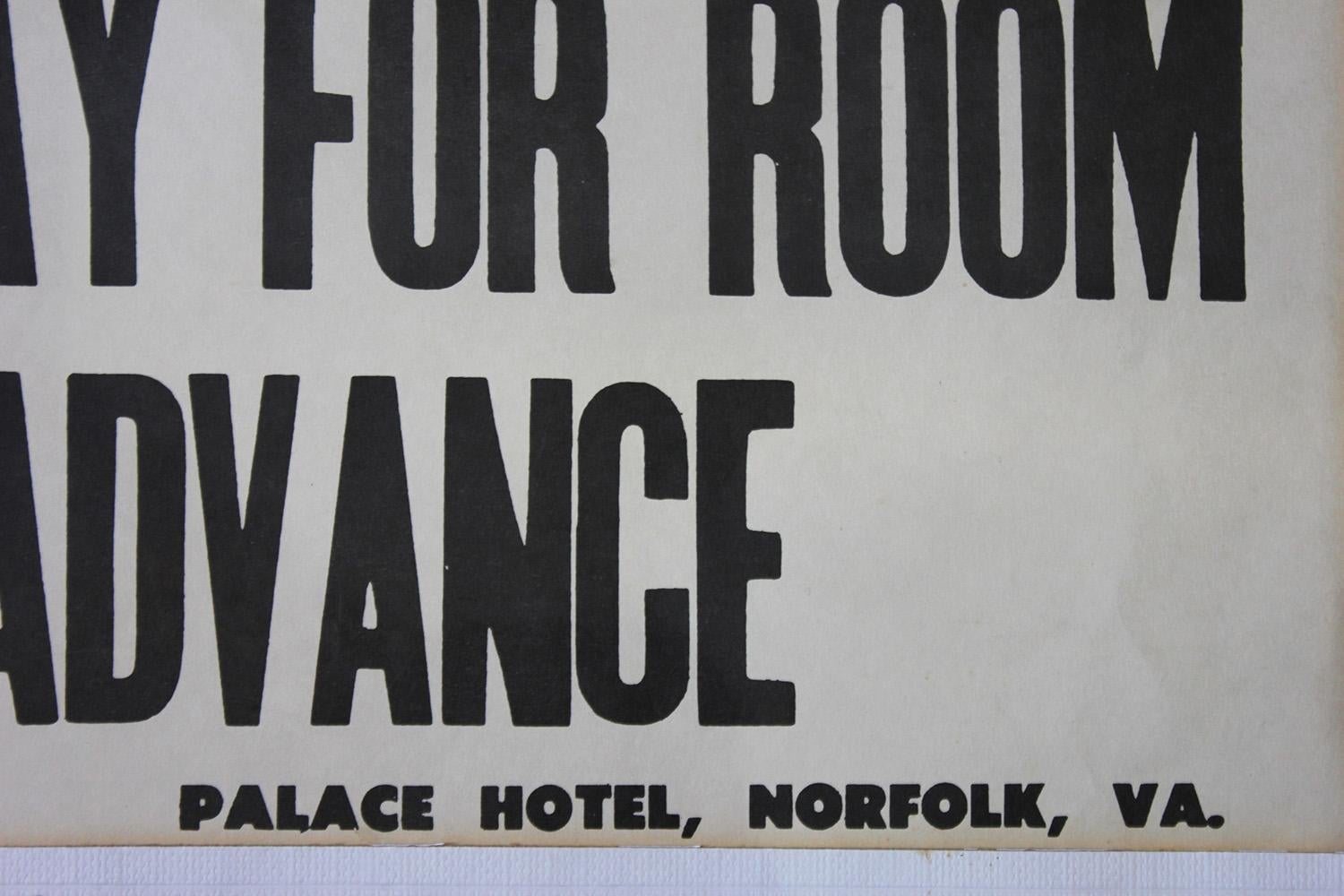 Mid-20th Century Printed Notice for the Palace Hotel, Virginia USA, Street Girls and Sailors