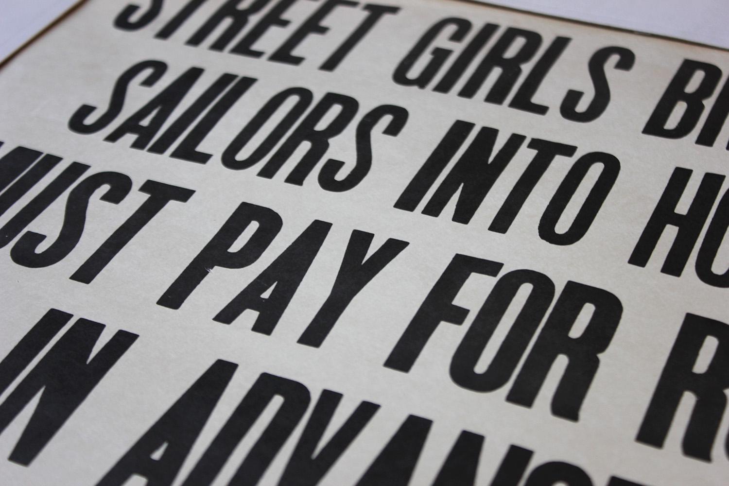Paper Printed Notice for the Palace Hotel, Virginia USA, Street Girls and Sailors