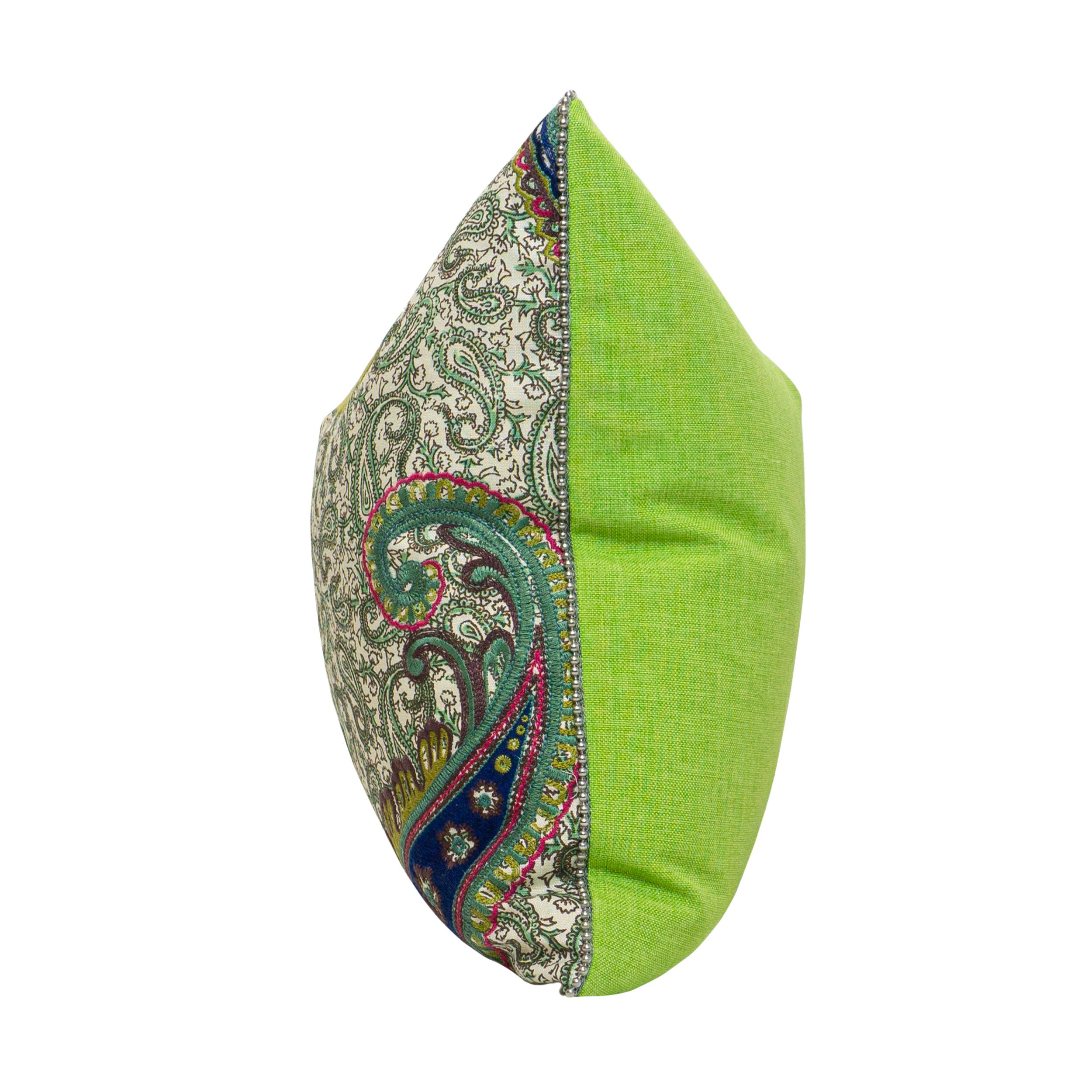 Modern Printed Paisley with Embroidered Paisley with Electric Green Back For Sale