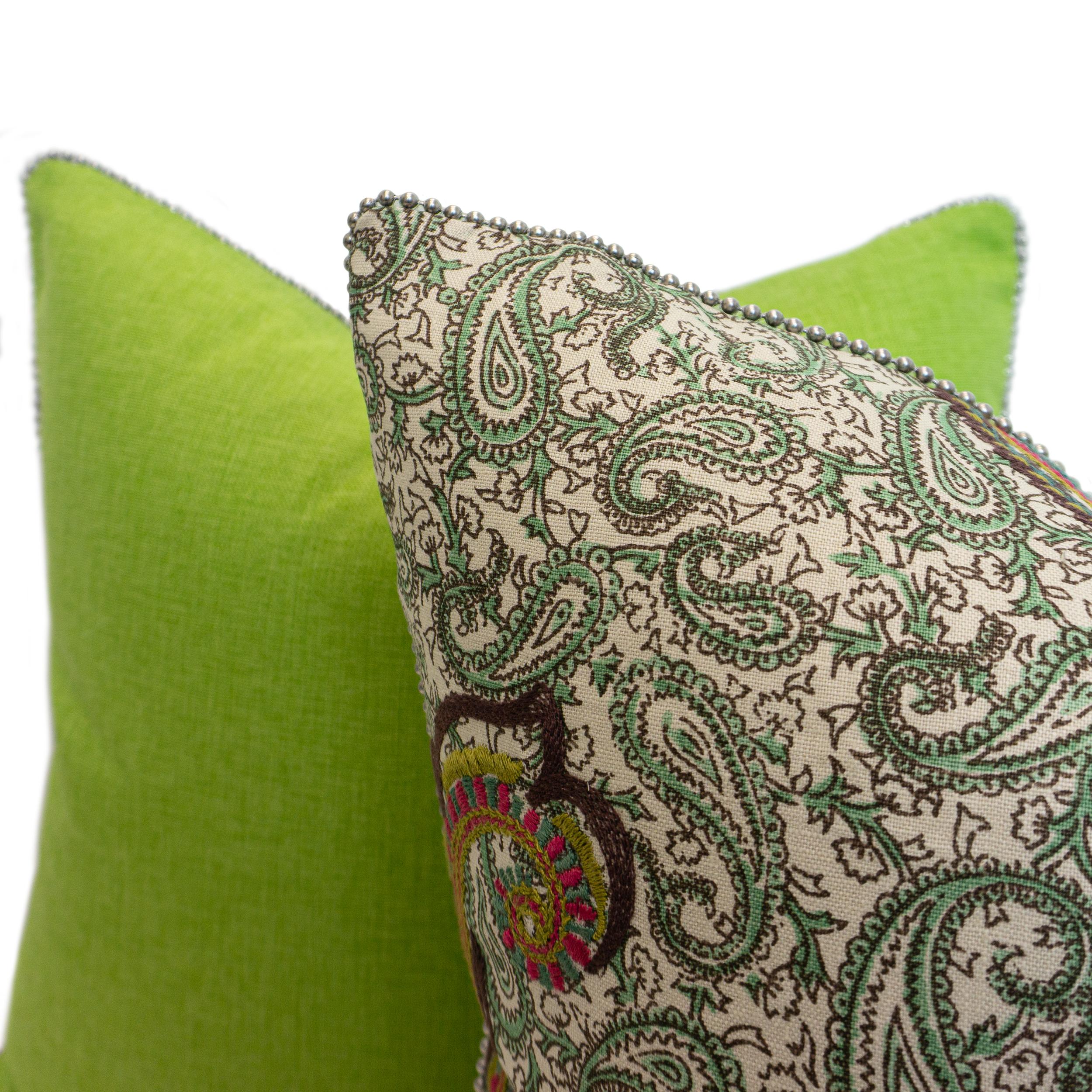 Contemporary Printed Paisley with Embroidered Paisley with Electric Green Back For Sale