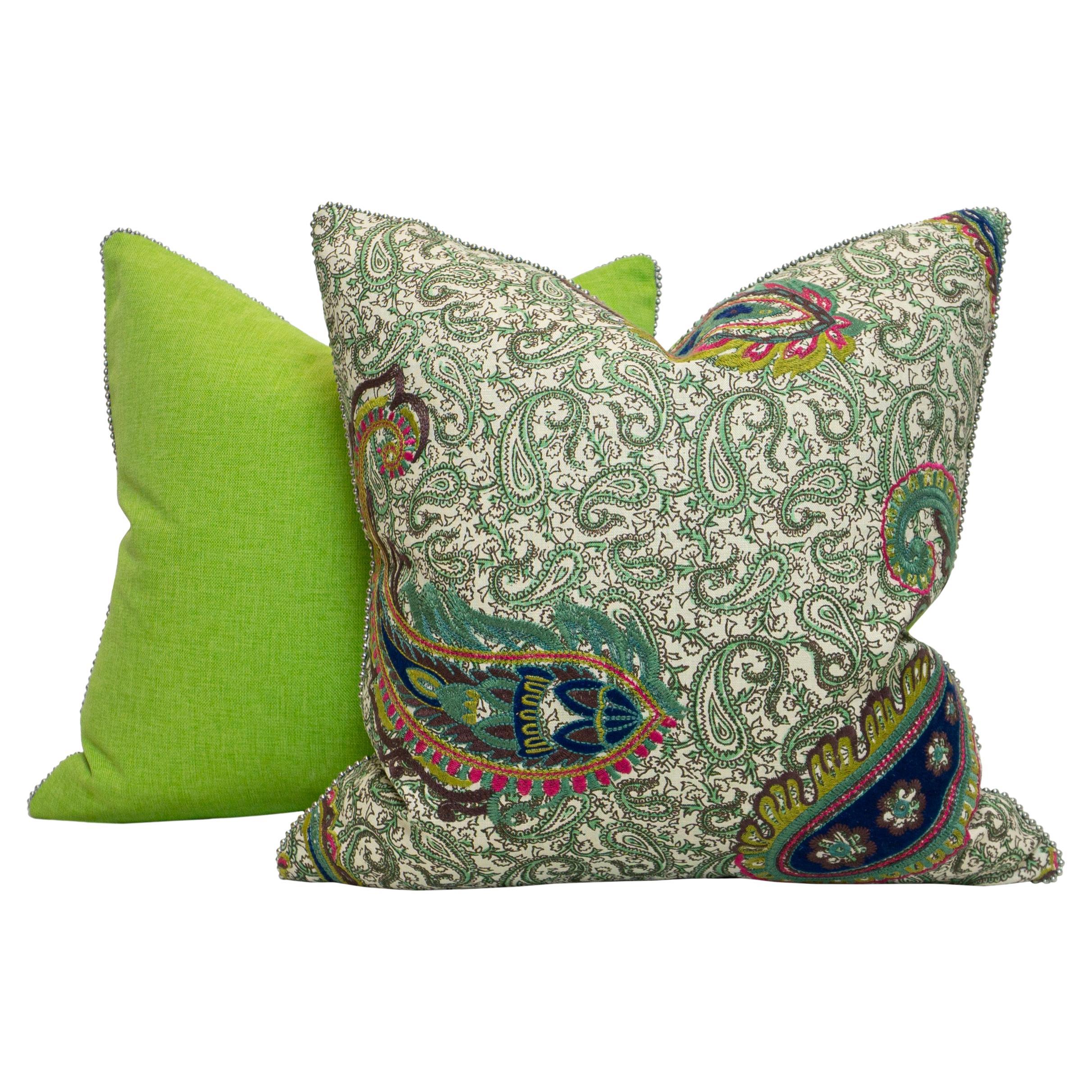 Printed Paisley with Embroidered Paisley with Electric Green Back For Sale