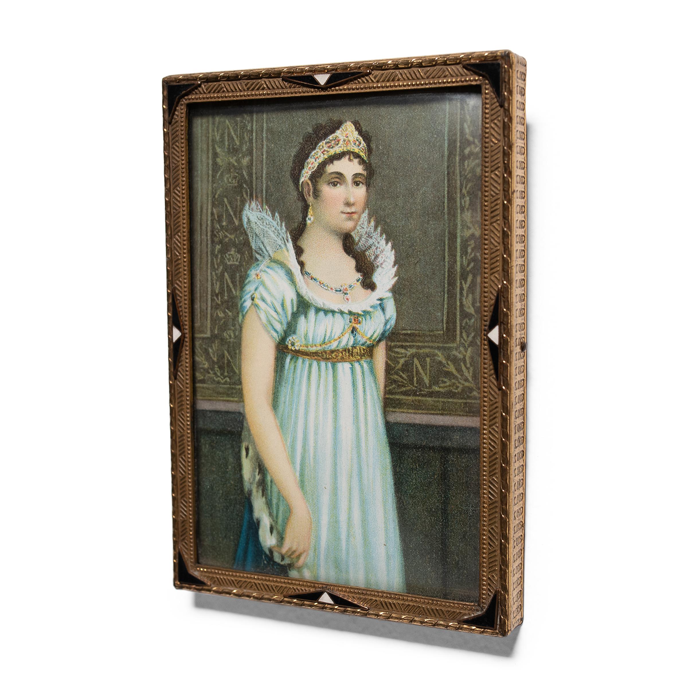 Encased in a geometric Art Deco frame, this small printed portrait depicts a young woman of French royalty, most likely Empress Josephine Bonaparte. Josephine Bonaparte was the Empress of France as the first wife of Emperor Napoleon Bonaparte