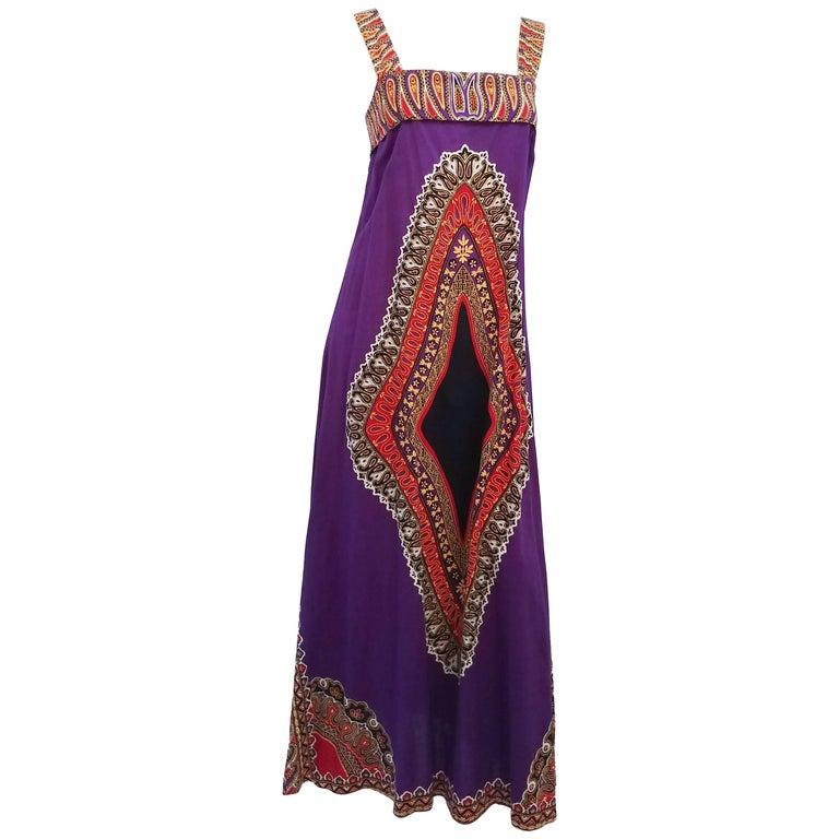 Black Printed Purple Hippie Maxi Cotton Dress, 1960s