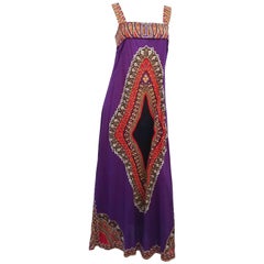 Vintage Printed Purple Hippie Maxi Cotton Dress, 1960s