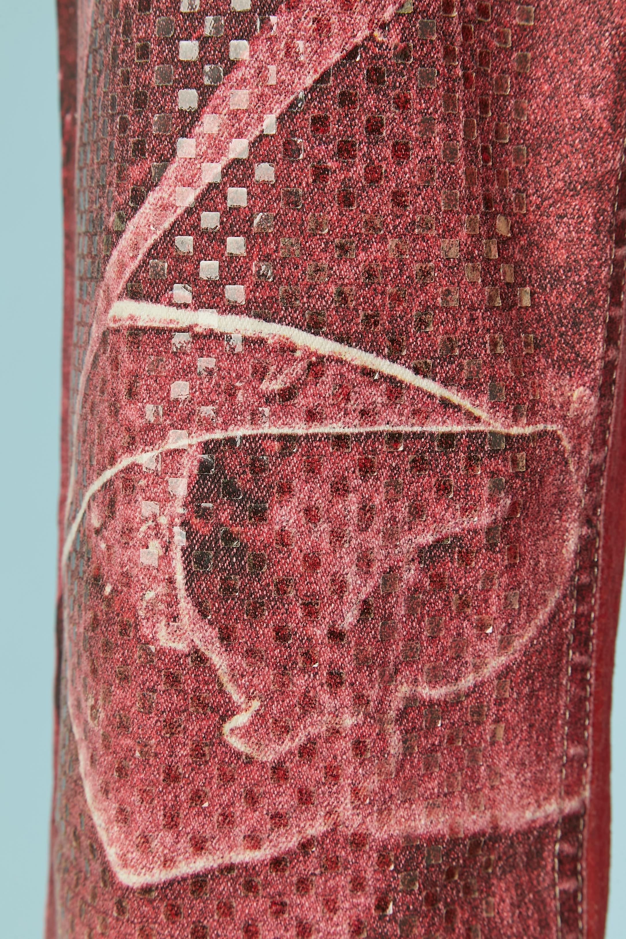 Brown Printed roses jean with transparent pastilles appliqué Roberto Cavalli