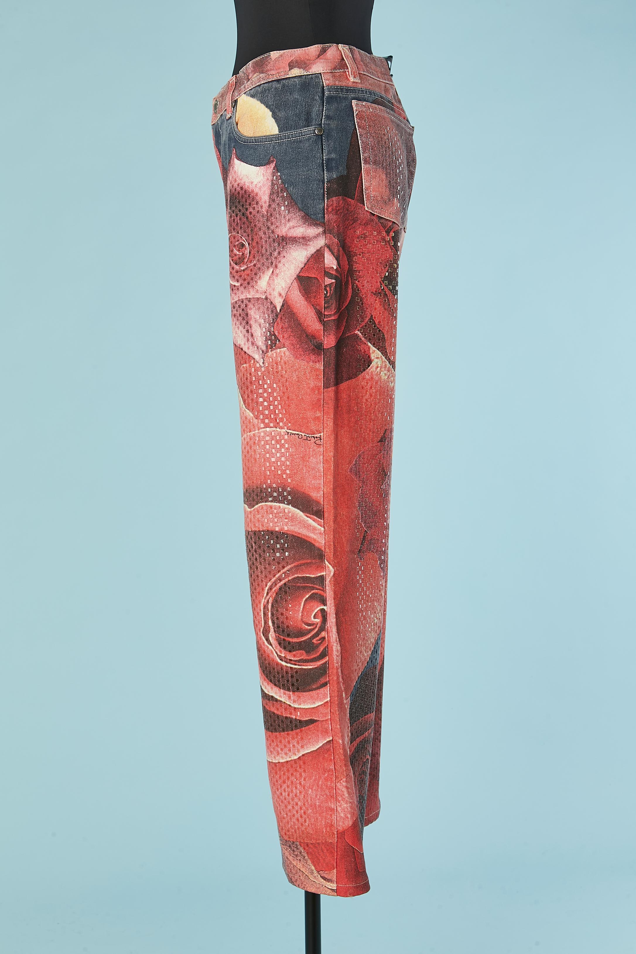 Printed roses jean with transparent pastilles appliqué Roberto Cavalli 1