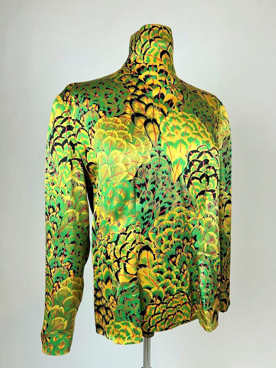 Green Printed satin blouse by Pierre Balmain Haute Couture - France Circa 1980 For Sale