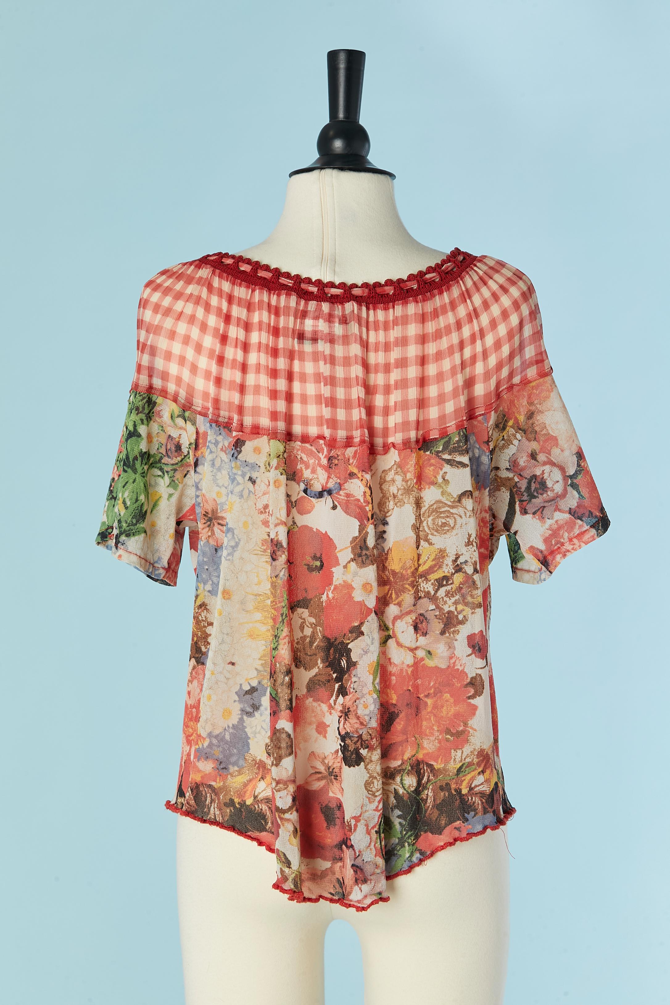 Top imprimé en mousseline de soie transparente et tulle extensible Jean Paul Gaultier Maille en vente 1