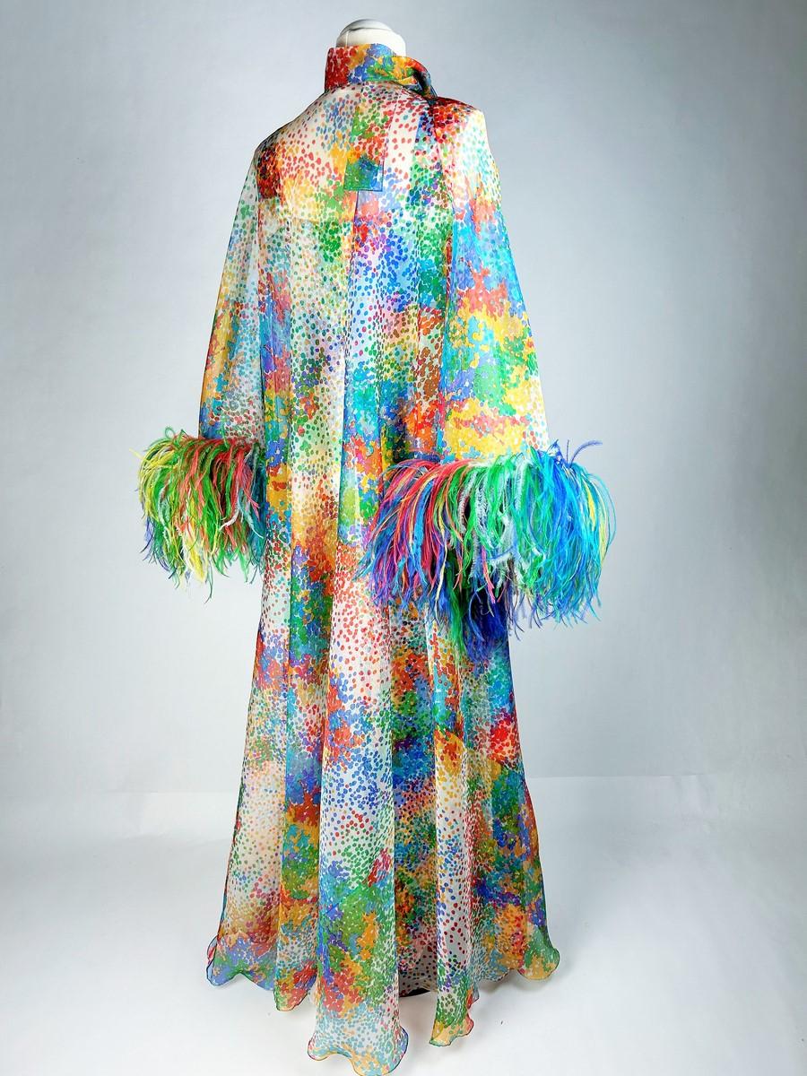 Printed silk and ostrich feather dress and coat - France Circa 1975-1980 For Sale 5
