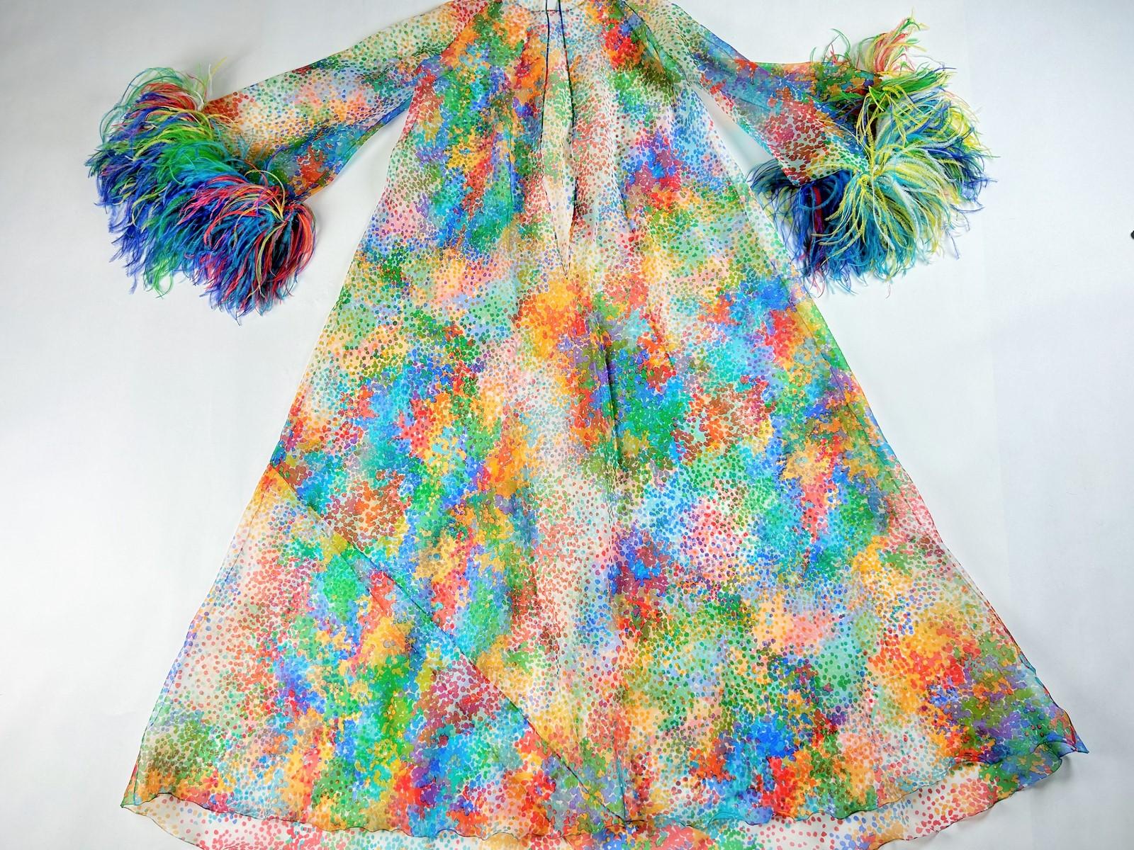 Printed silk and ostrich feather dress and coat - France Circa 1975-1980 For Sale 8