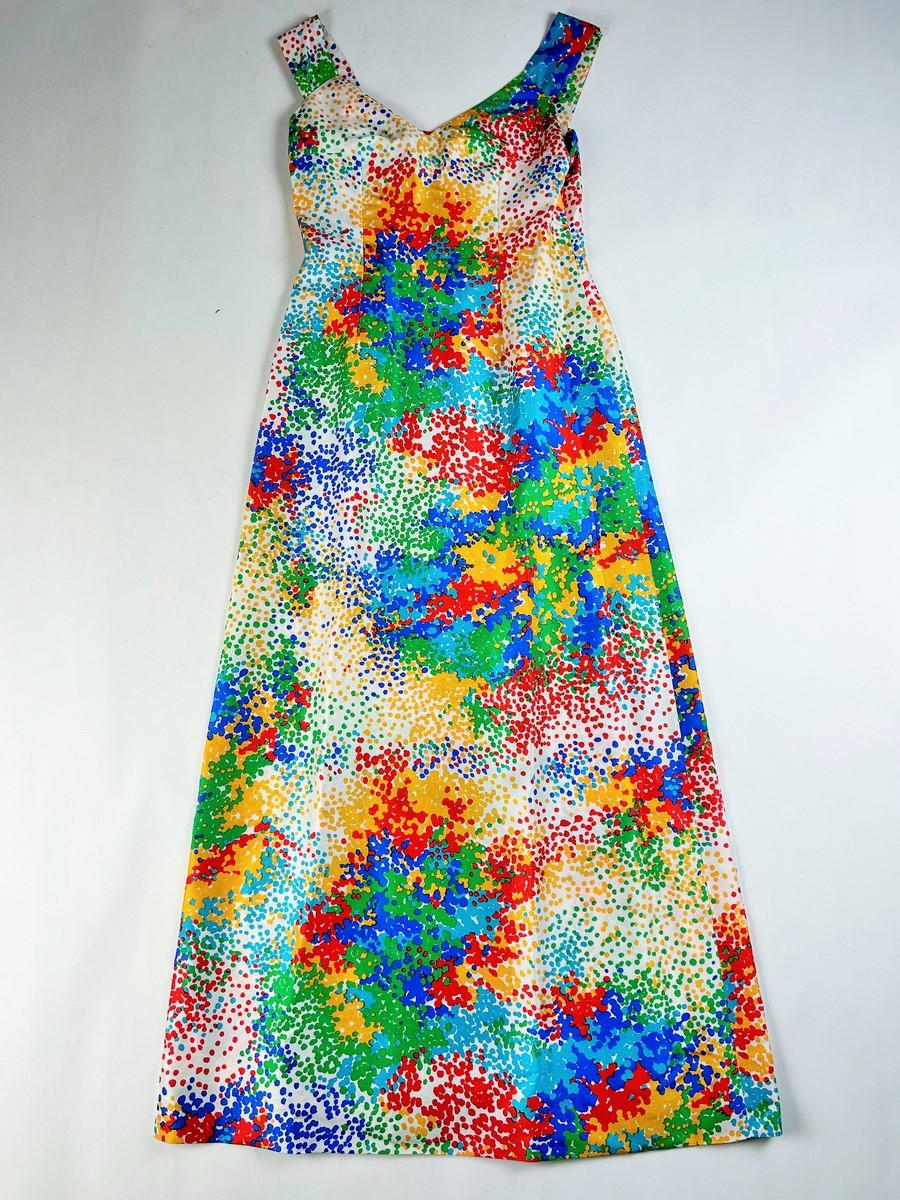 Printed silk and ostrich feather dress and coat - France Circa 1975-1980 For Sale 9
