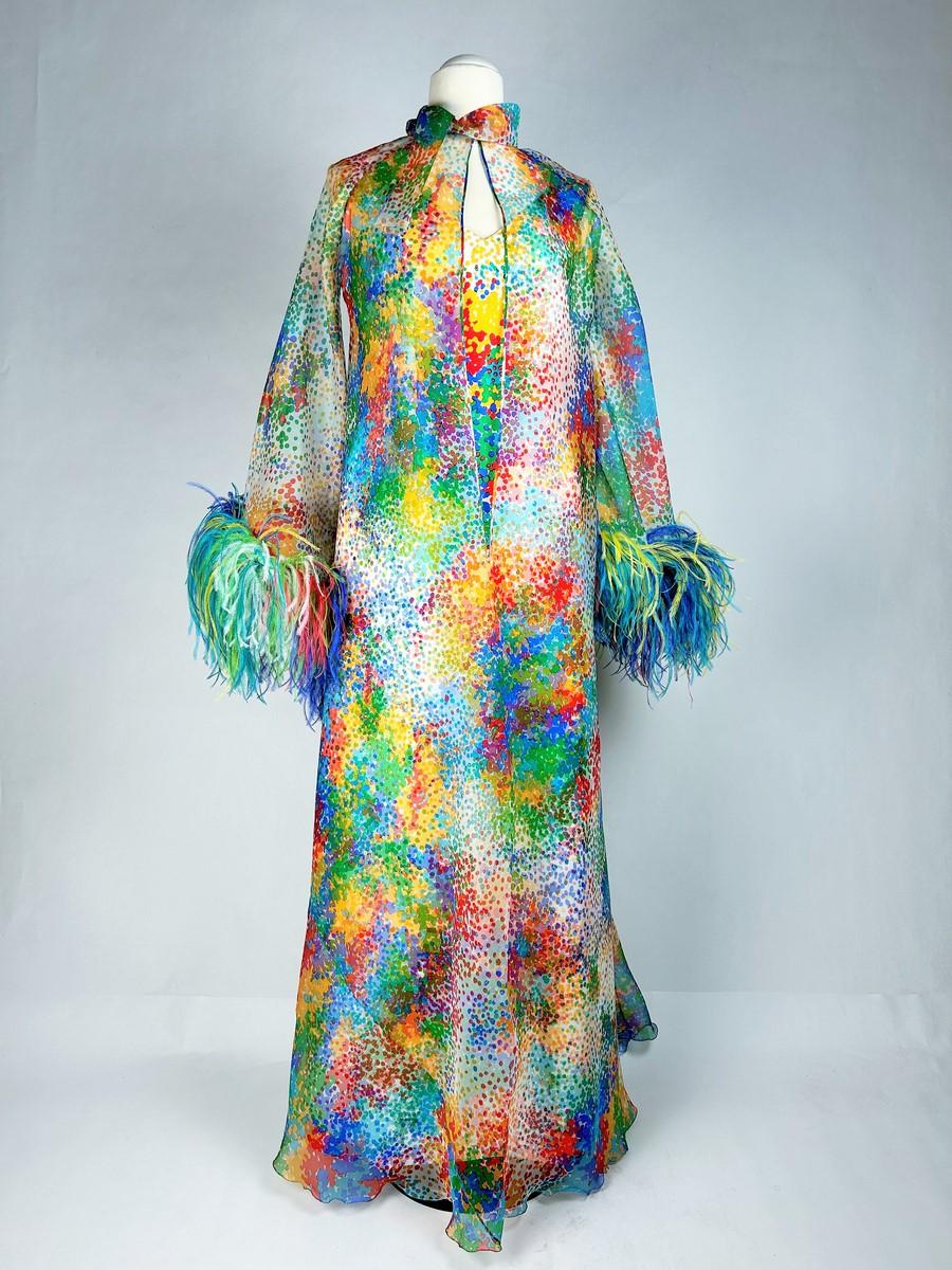 Beige Printed silk and ostrich feather dress and coat - France Circa 1975-1980 For Sale