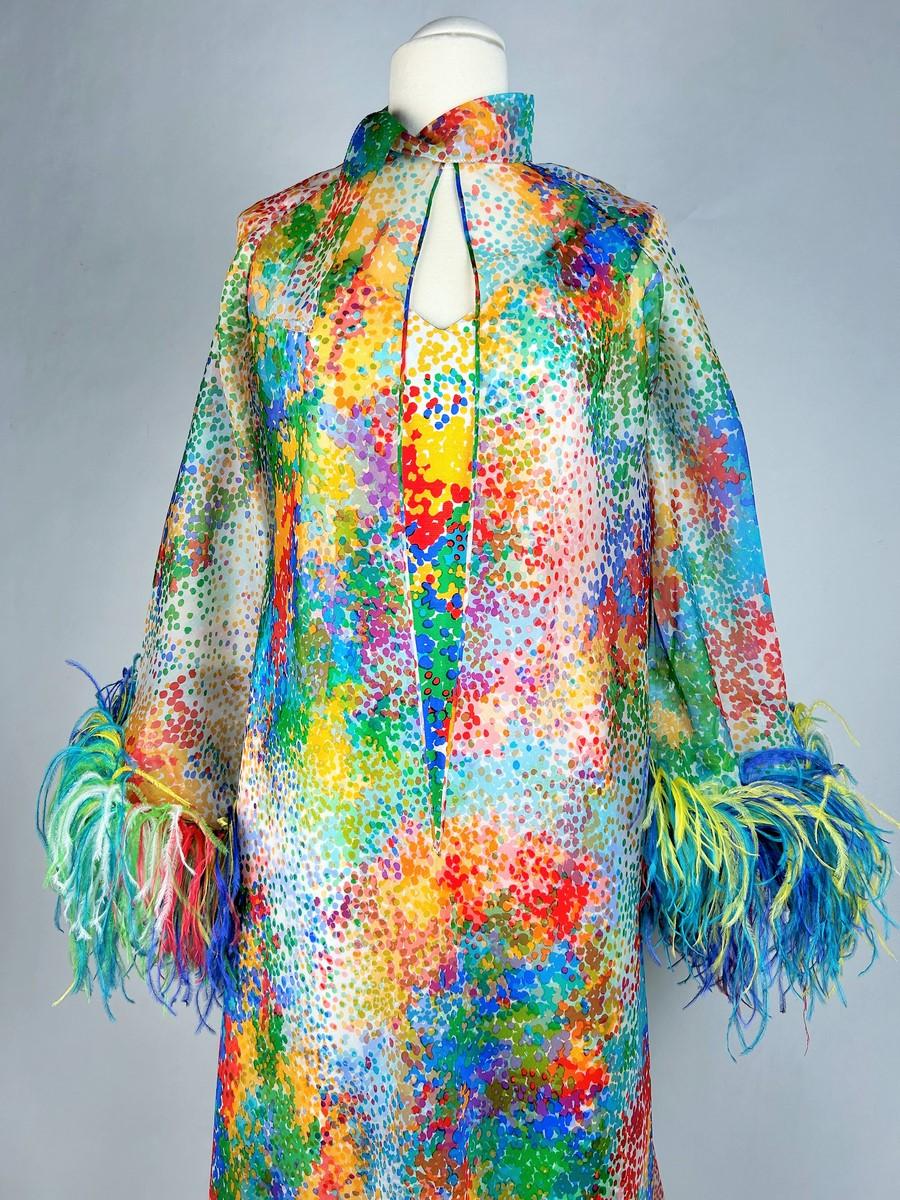 Women's Printed silk and ostrich feather dress and coat - France Circa 1975-1980 For Sale