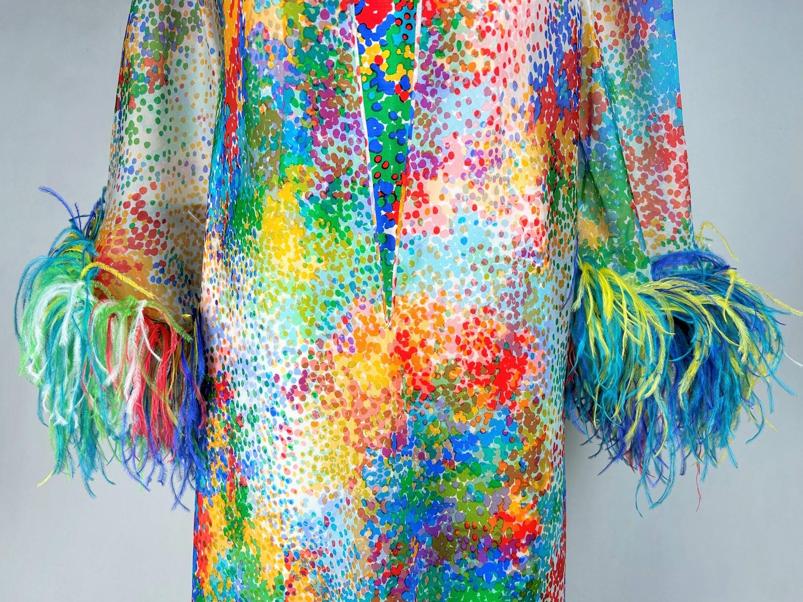 Printed silk and ostrich feather dress and coat - France Circa 1975-1980 For Sale 1
