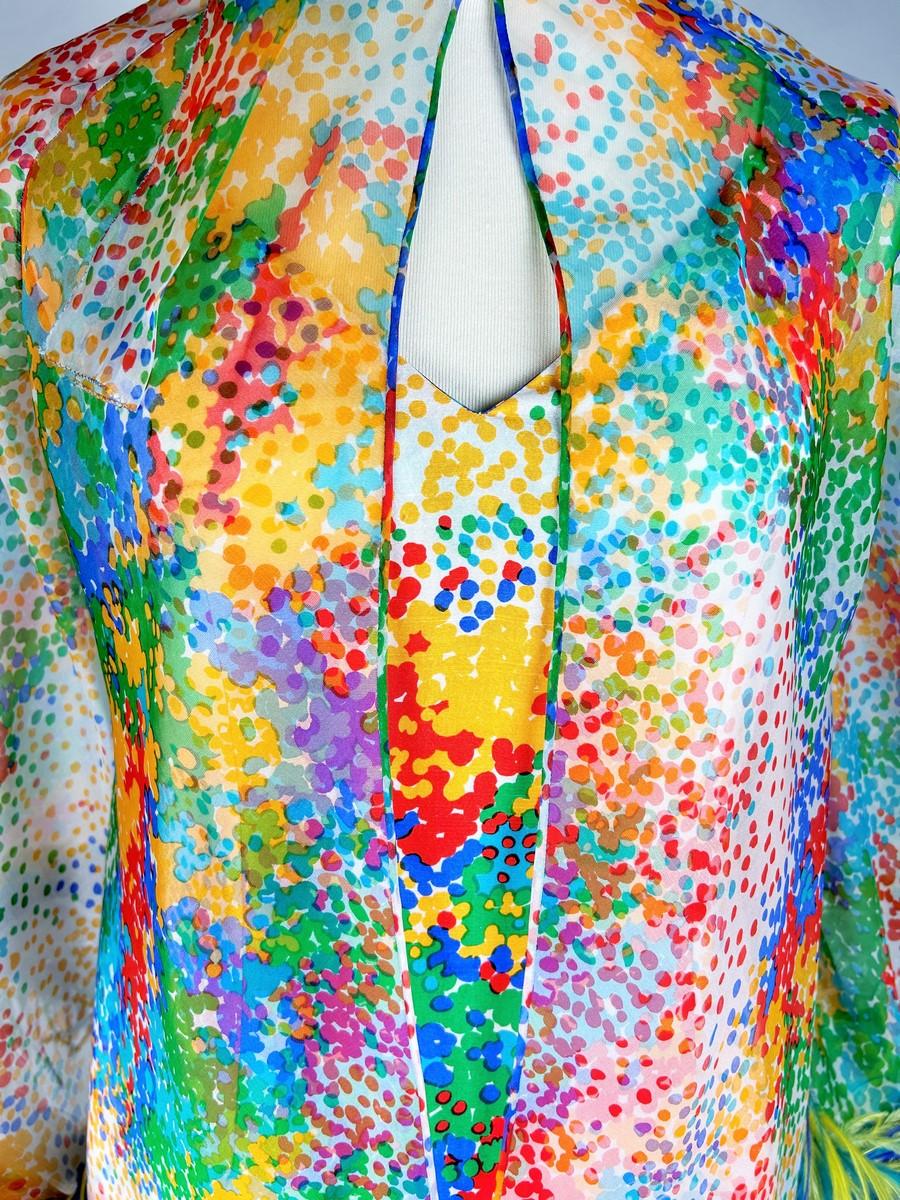Printed silk and ostrich feather dress and coat - France Circa 1975-1980 For Sale 2